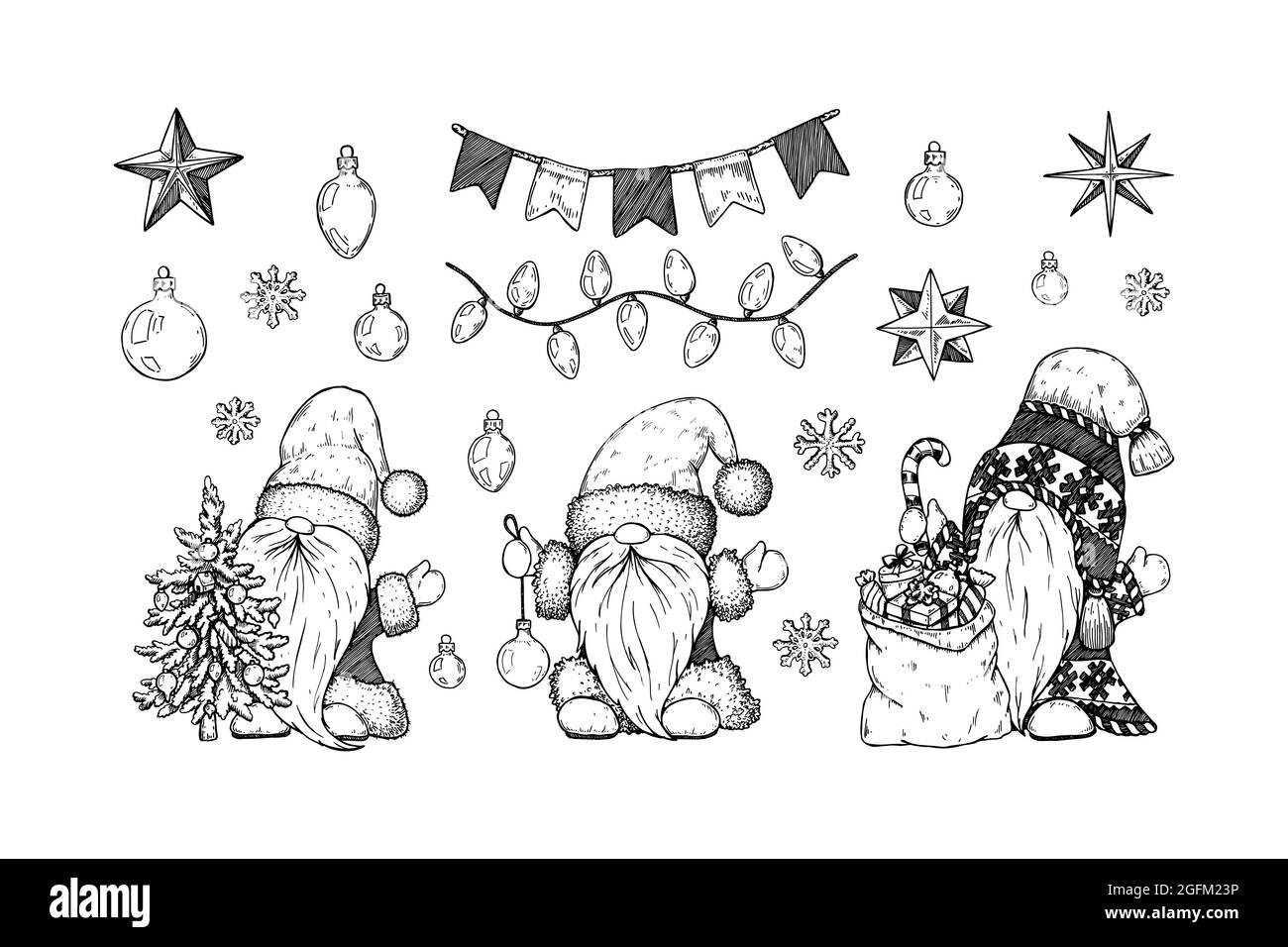 Set di decorazioni e gnomi natalizi disegnati a mano. Illustrazione vettoriale in stile di schizzo Illustrazione Vettoriale
