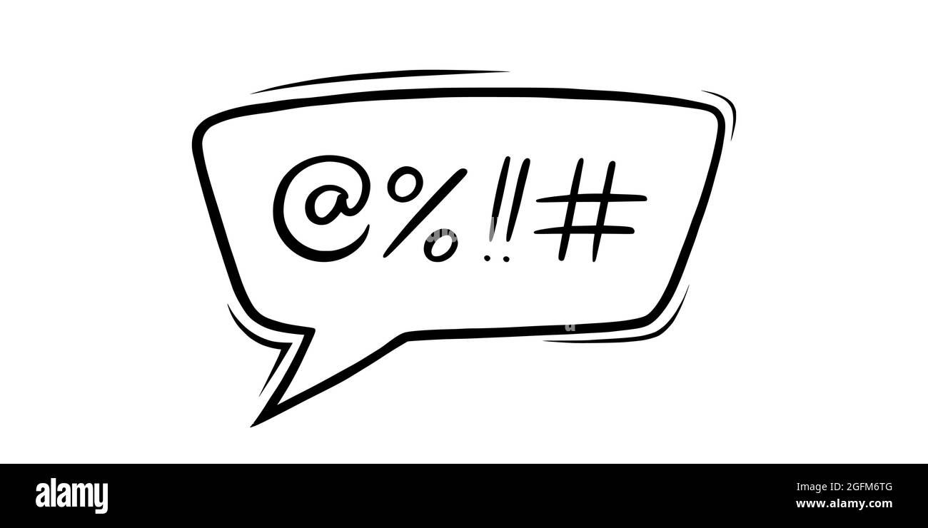 Bolla del discorso giurata censurata con simboli. Le parole di giuramento disegnate a mano nella bolla di testo per esprimere insoddisfazione e umore negativo. Illustrazione vettoriale Illustrazione Vettoriale