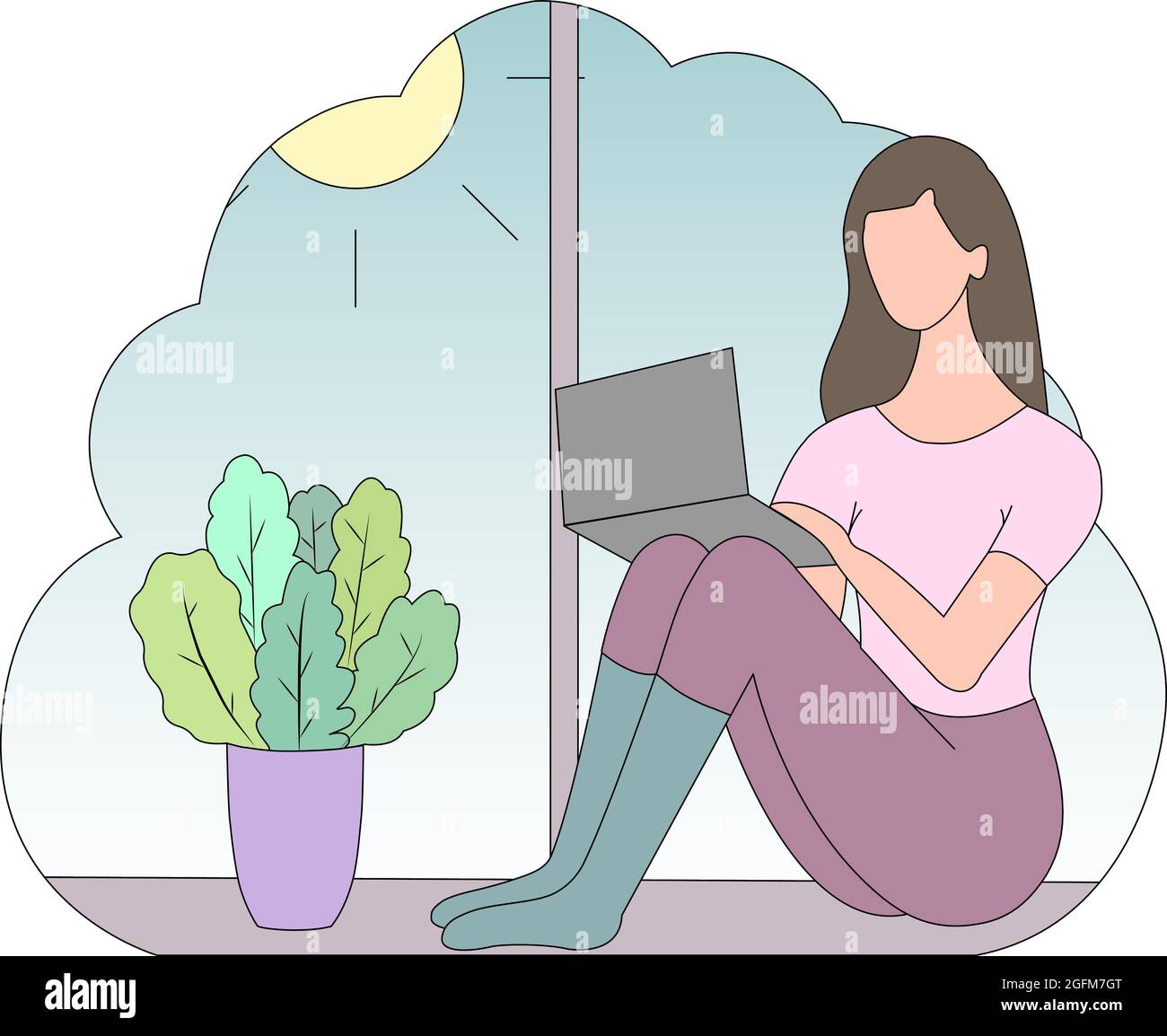 Una ragazza freelance o uno studente è seduto a casa sul davanzale con un computer portatile. Il concetto di un ufficio domestico o di formazione in linea. Vettore. Illustrazione Vettoriale
