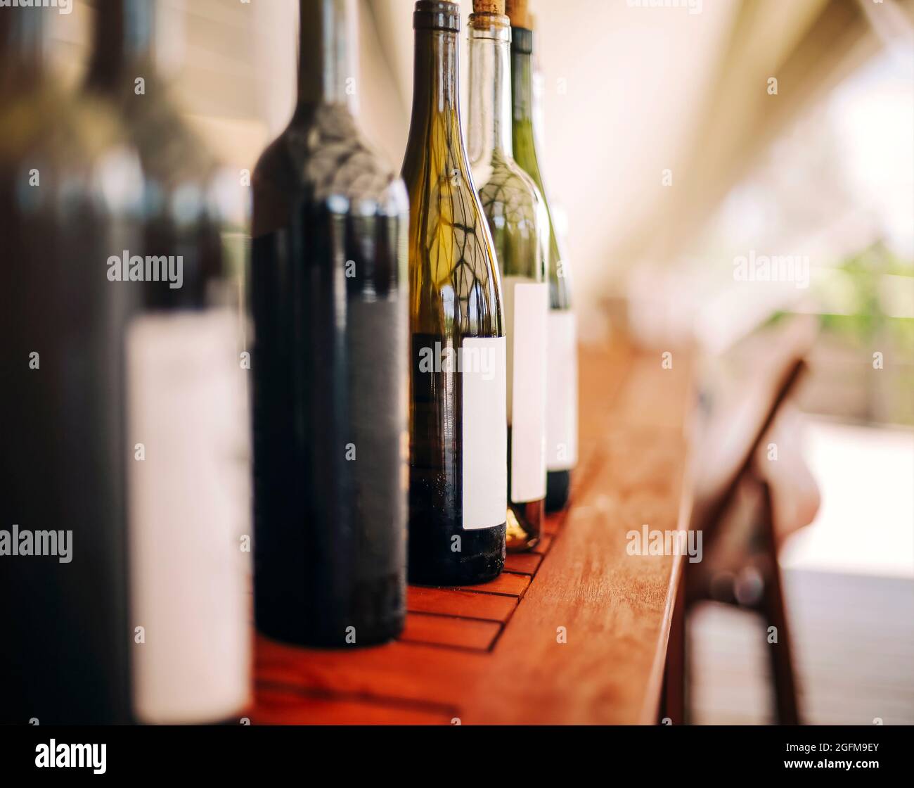 Bottiglie di vino su un tavolo di legno sullo sfondo del giardino in festa di giorno del sole Foto Stock