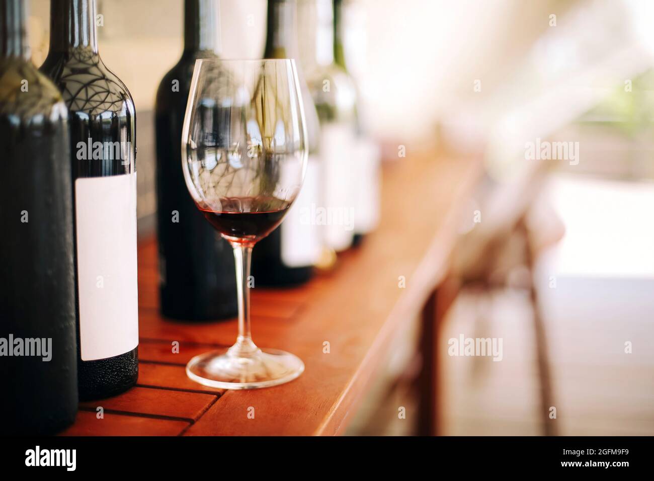 Bottiglie di vino e bicchiere con vino rosso su un tavolo di legno sullo sfondo del giardino in festa di sole Foto Stock