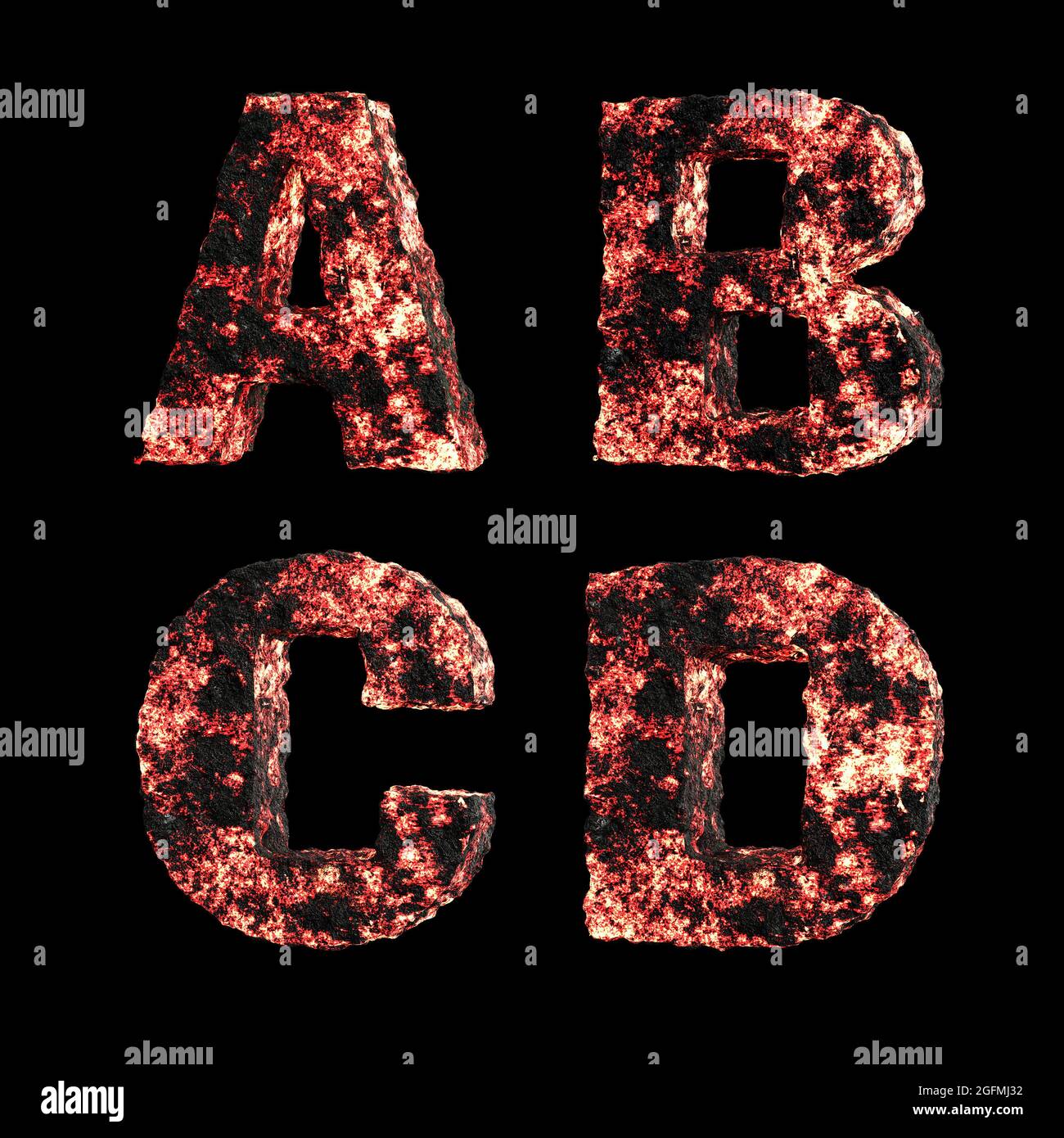 3D lava liquida calda lettere maiuscole alfabeto su bianco - lettere A-D. Foto Stock