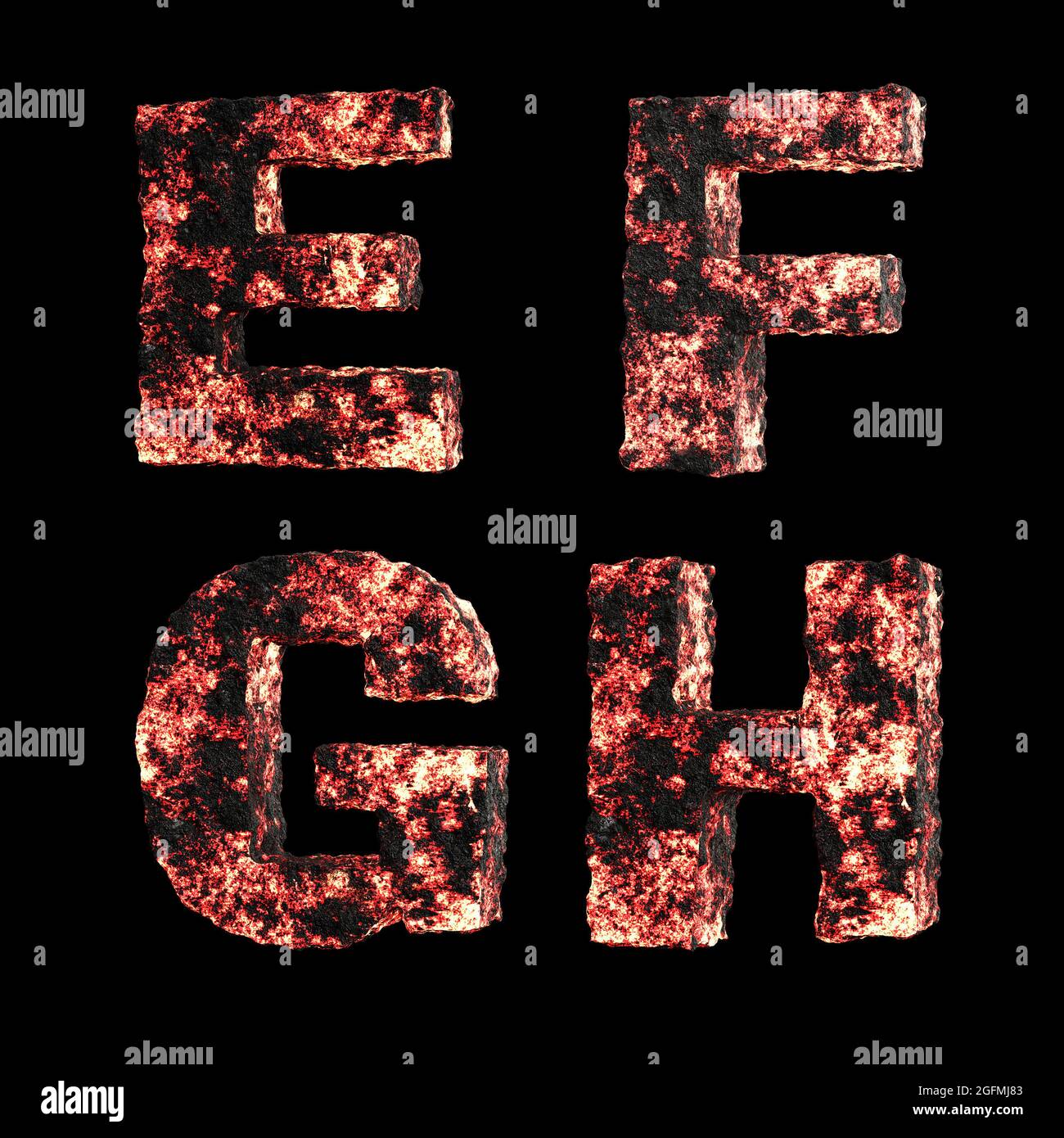 3D lava liquida calda lettere maiuscole alfabeto su bianco - lettere e-H. Foto Stock