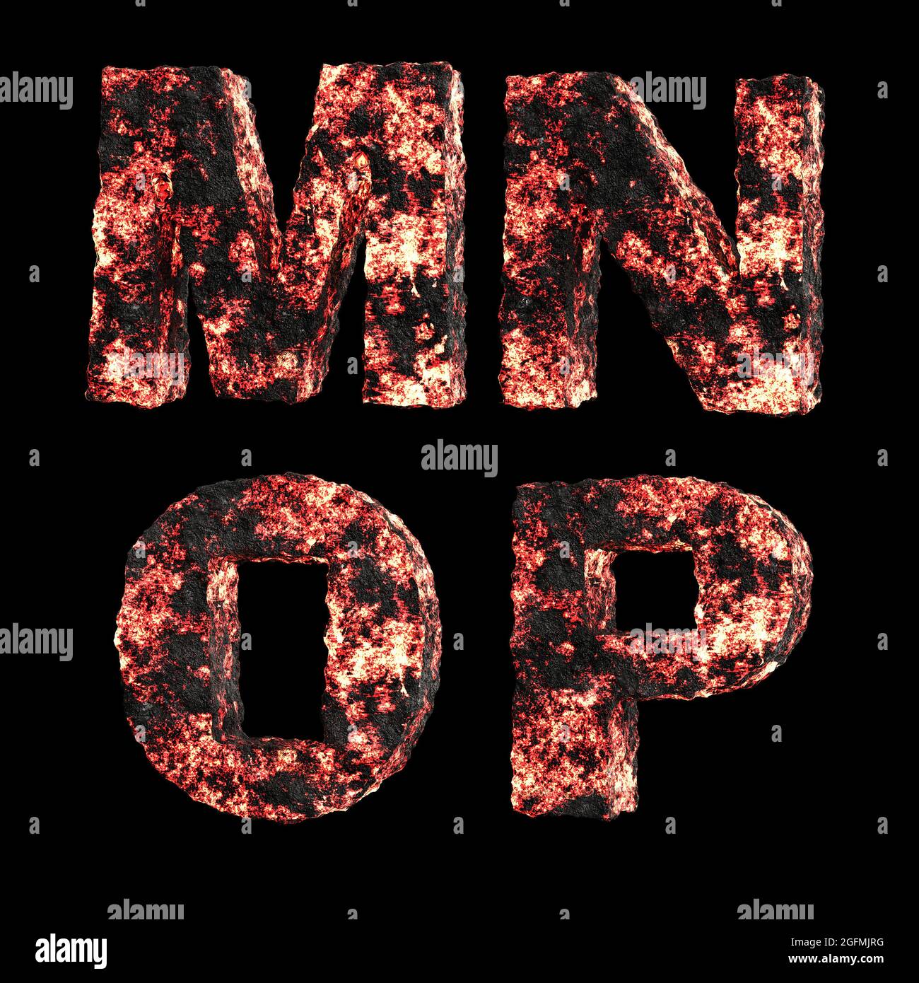 3D lava liquida calda lettere maiuscole alfabeto su bianco - lettere M-P. Foto Stock