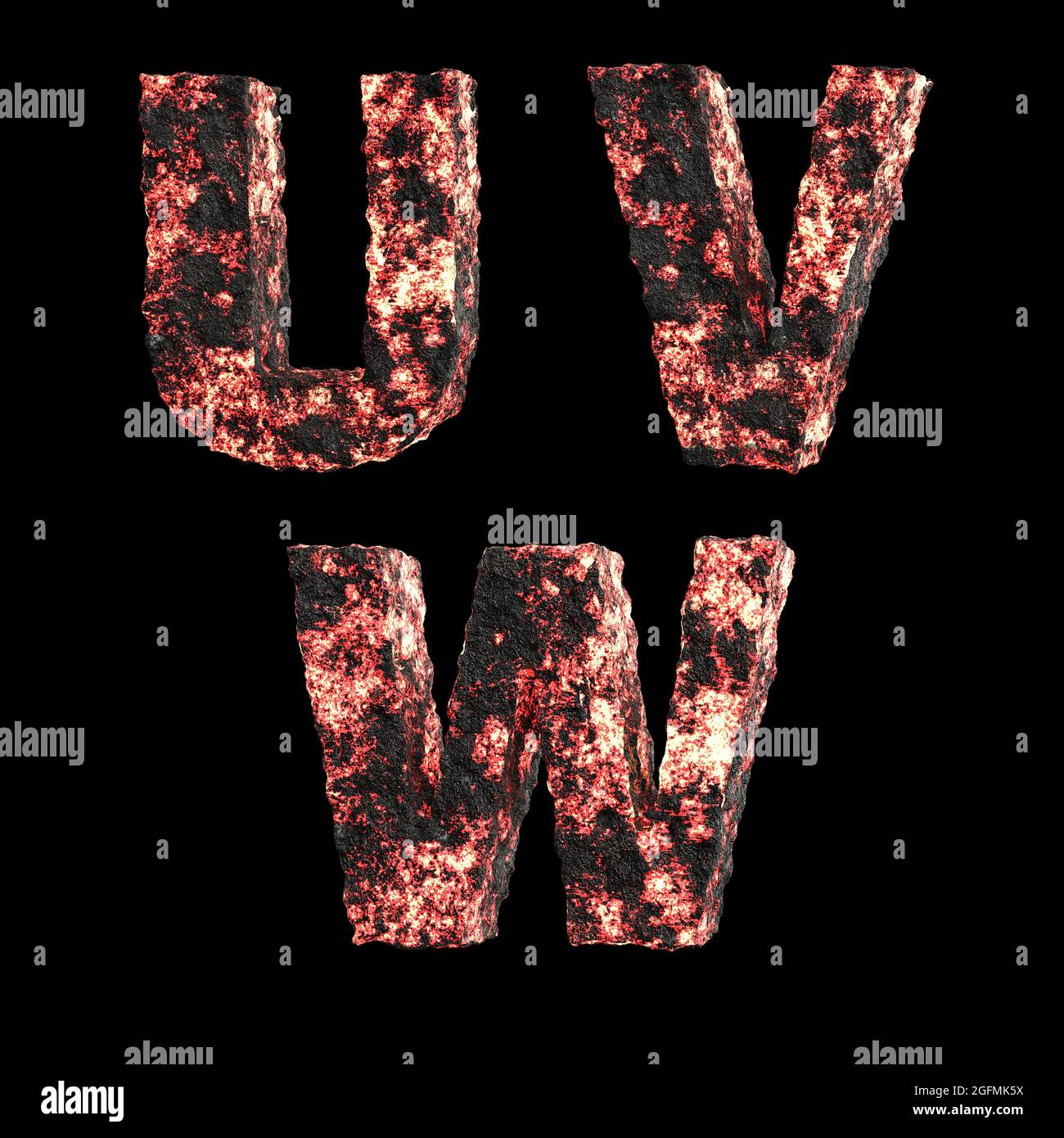 3D lava liquida calda lettere maiuscole alfabeto su bianco - lettere U-W. Foto Stock