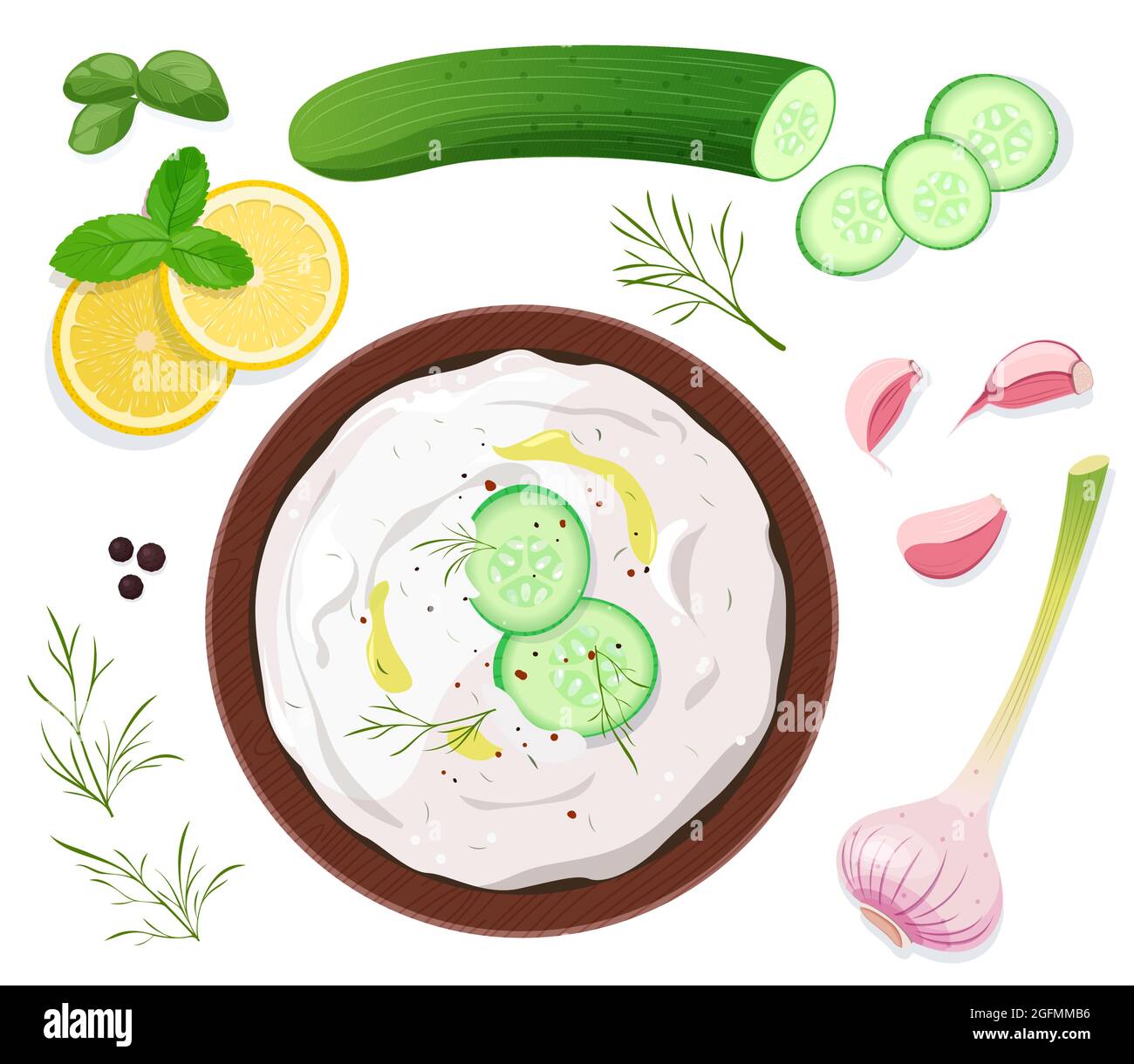 Salsa tzatziki con ingredienti su sfondo bianco Illustrazione Vettoriale
