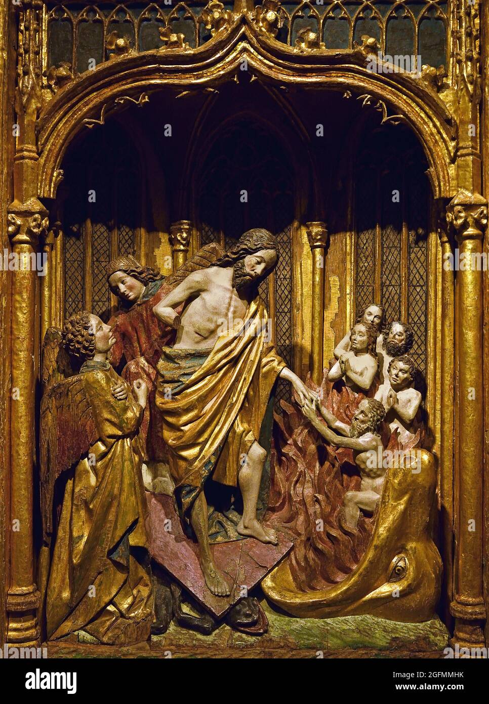 Cristo discendendo in Limbo dall'Inferno, anonimo 1440 olandese, i Paesi Bassi. (quercia con resti di policromia originale e successiva, 48.5cm) Foto Stock
