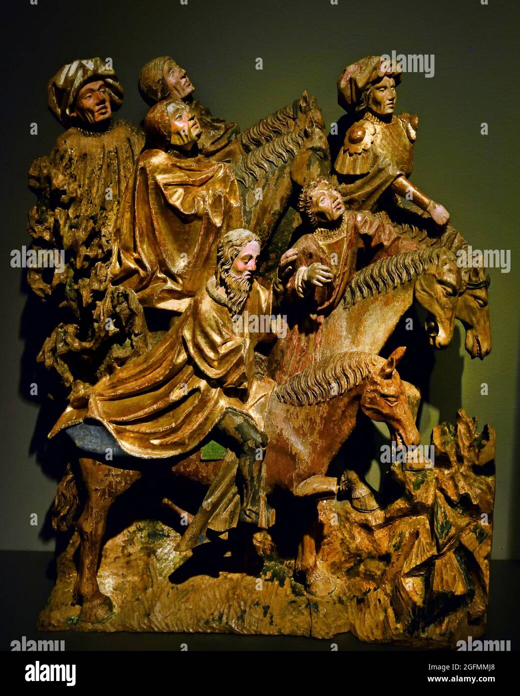 Due gruppi di cavalieri provenienti da una scena crocifissione, anonima,1435 Brabant, olandese, Paesi Bassi. (Rovere con policromia, doratura, pelle, vetro e metallo, 57cm ) Foto Stock