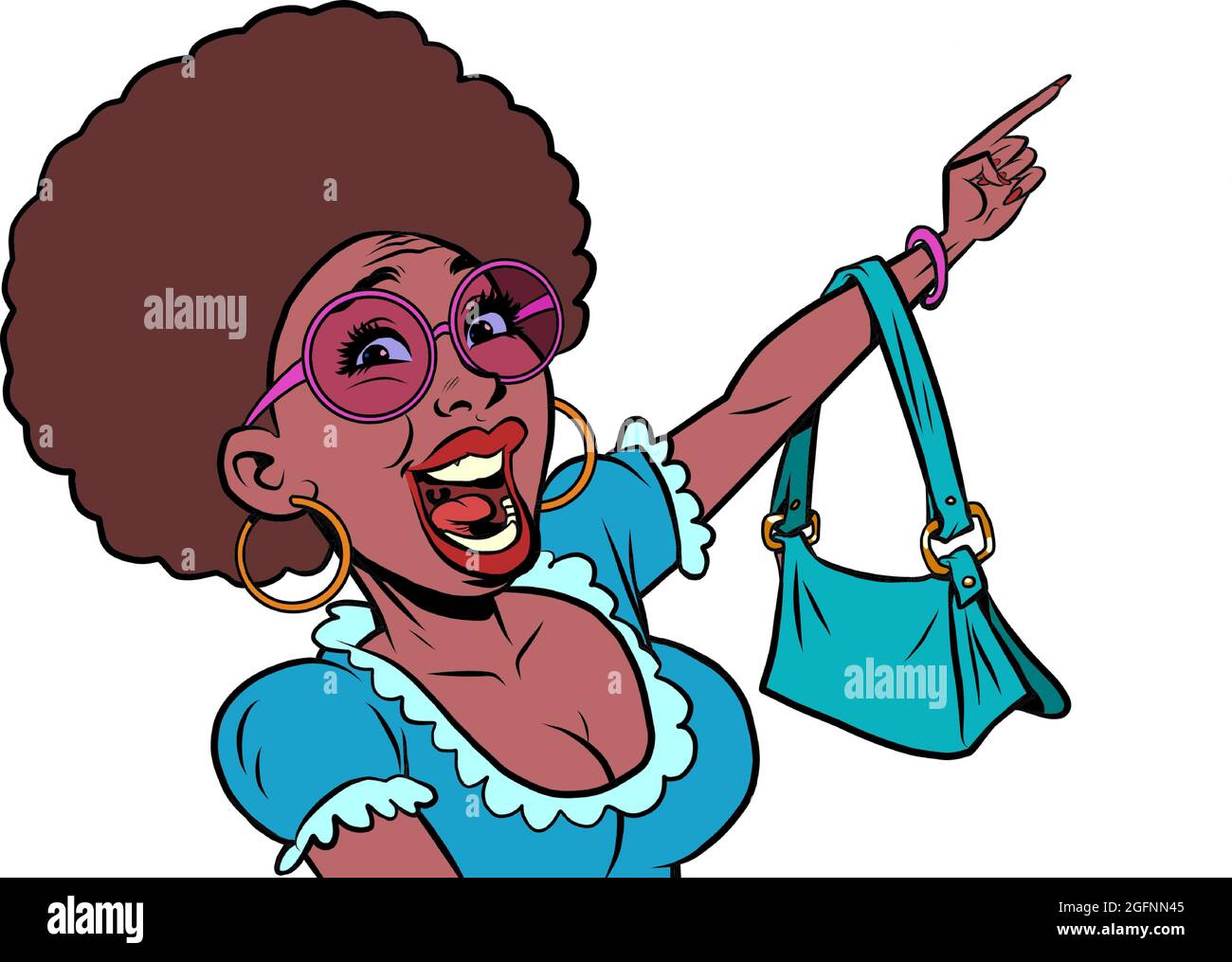 donna africana grida vendita di sconto. L'acquirente punta con la mano Illustrazione Vettoriale
