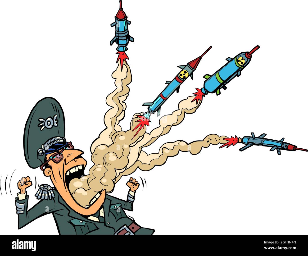 Il militarista militare ha razzi che volano fuori dalla sua bocca. Il pericolo della guerra Illustrazione Vettoriale