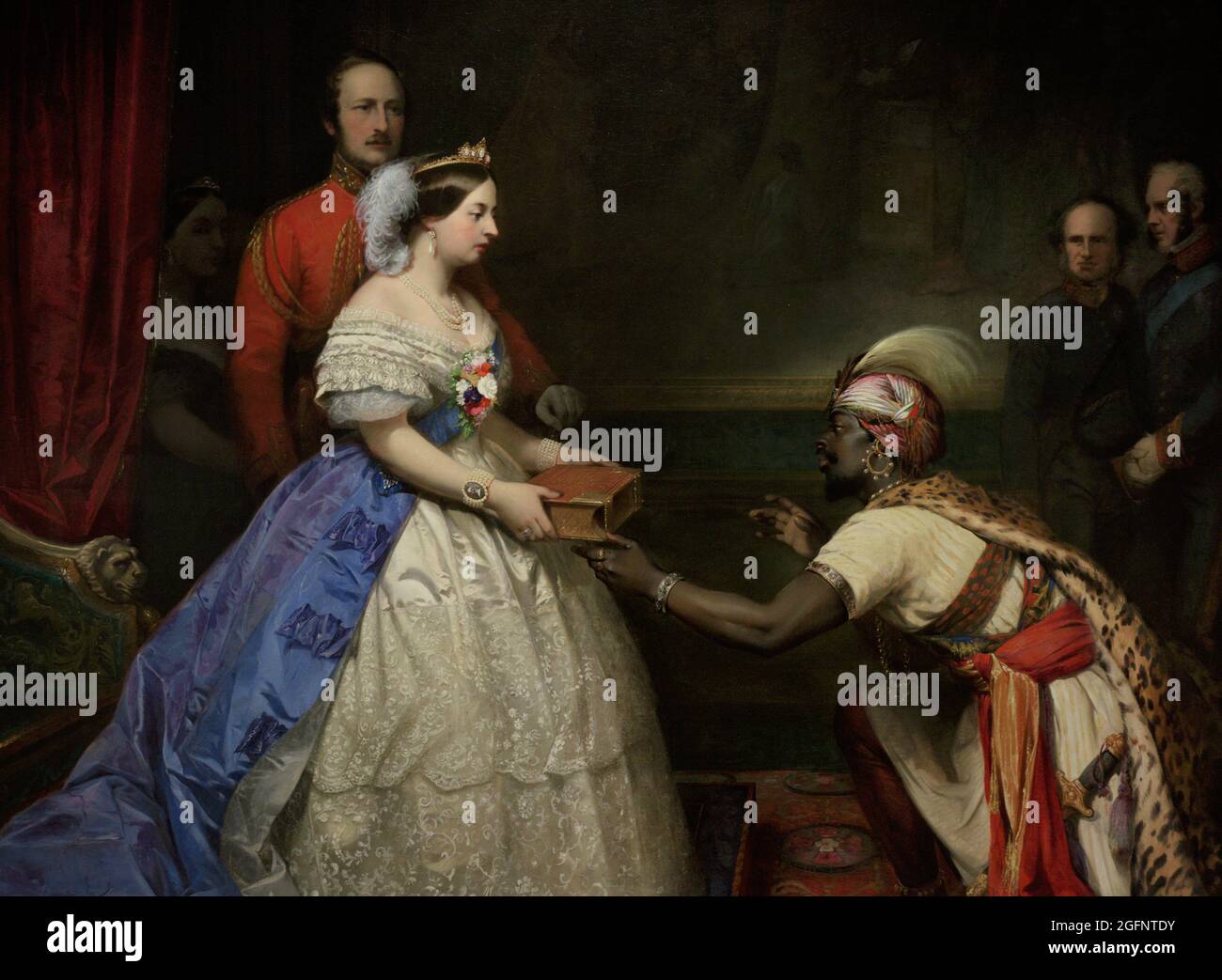Regina Vittoria (1819-1901). Regina del Regno Unito. 'Il Segreto della grandezza dell'Inghilterra' (la Regina Vittoria presenta una Bibbia nella Camera dell'udienza a Windsor). La Regina è raffigurata presentando una Bibbia all'ambasciatore dell'Africa orientale. Dipinto di Thomas Jones Barker (1815-1882). Olio su tela (167,6 x 213,8 cm), ca.1862-1863. National Portrait Gallery. Londra, Inghilterra, Regno Unito. Foto Stock