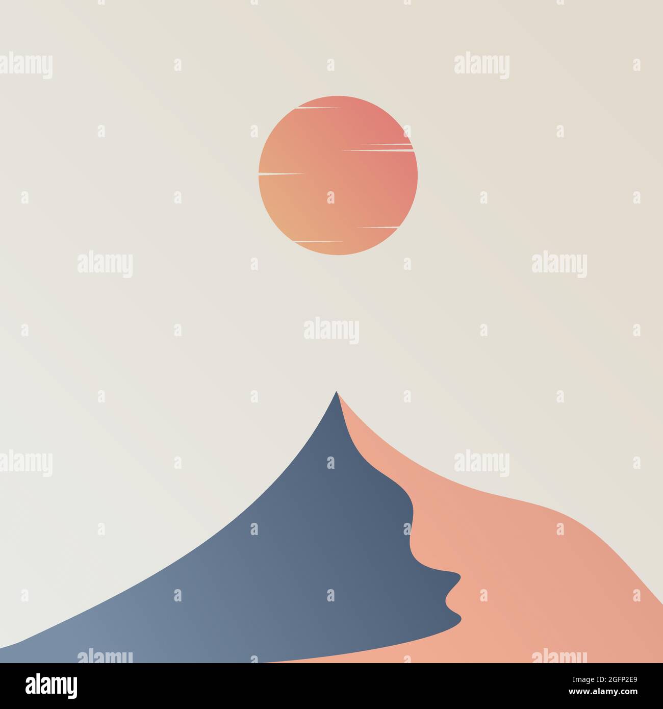 Il sole è sulla montagna. Paesaggio naturale pianeggiante. Stile semplice. Illustrazione Vettoriale