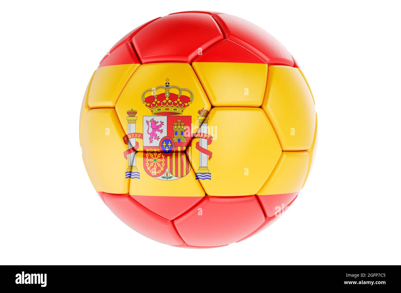 Pallone da calcio o pallone da calcio con bandiera spagnola, rendering 3D isolato su sfondo bianco Foto Stock