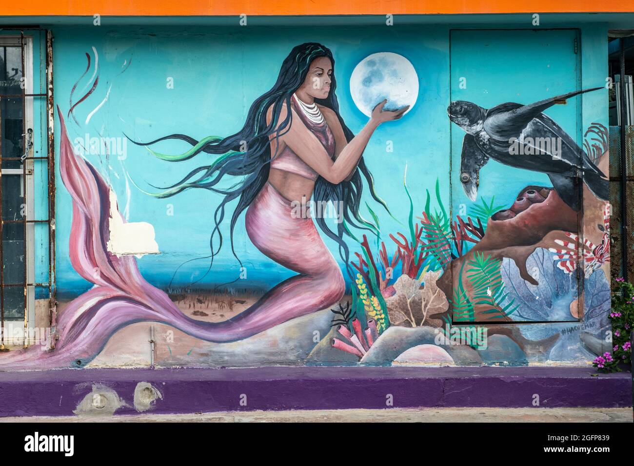 Un edificio con un murale raffigurante una sirena sotto il mare - Puerto Rico Foto Stock