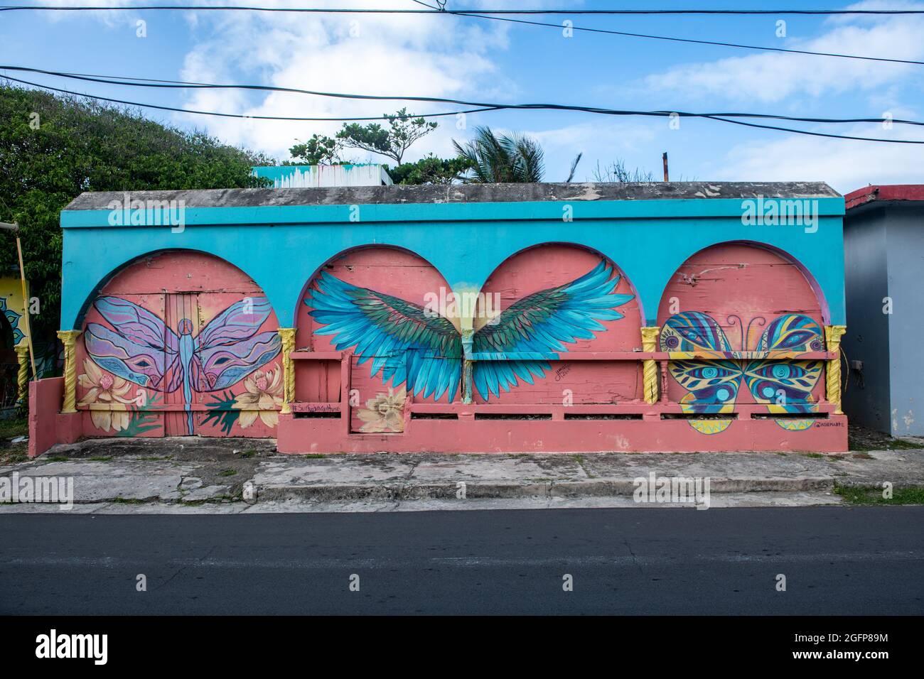 Un edificio dipinto con un murale di varie creature alate - Porto Rico Foto Stock