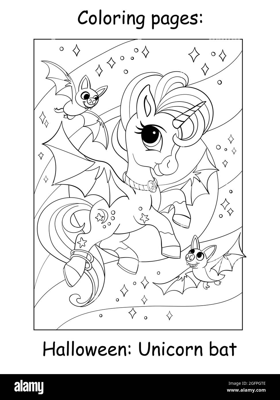 Simpatico unicorno con ali vola nel cielo stellato di notte con pipistrelli. Concetto di Halloween. Pagina libro da colorare per bambini. Illustrazione di un cartoon vettoriale. Per Illustrazione Vettoriale