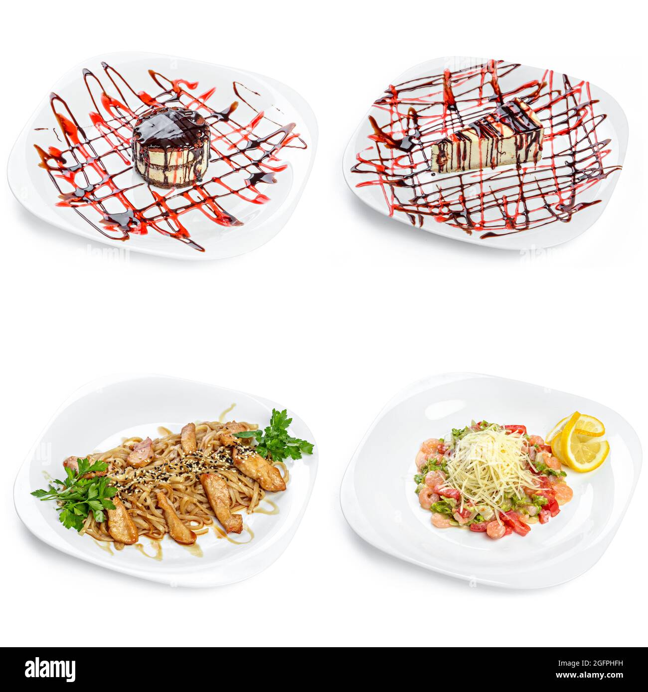 Impostare il collage di dolci e spuntini su sfondo bianco Foto Stock