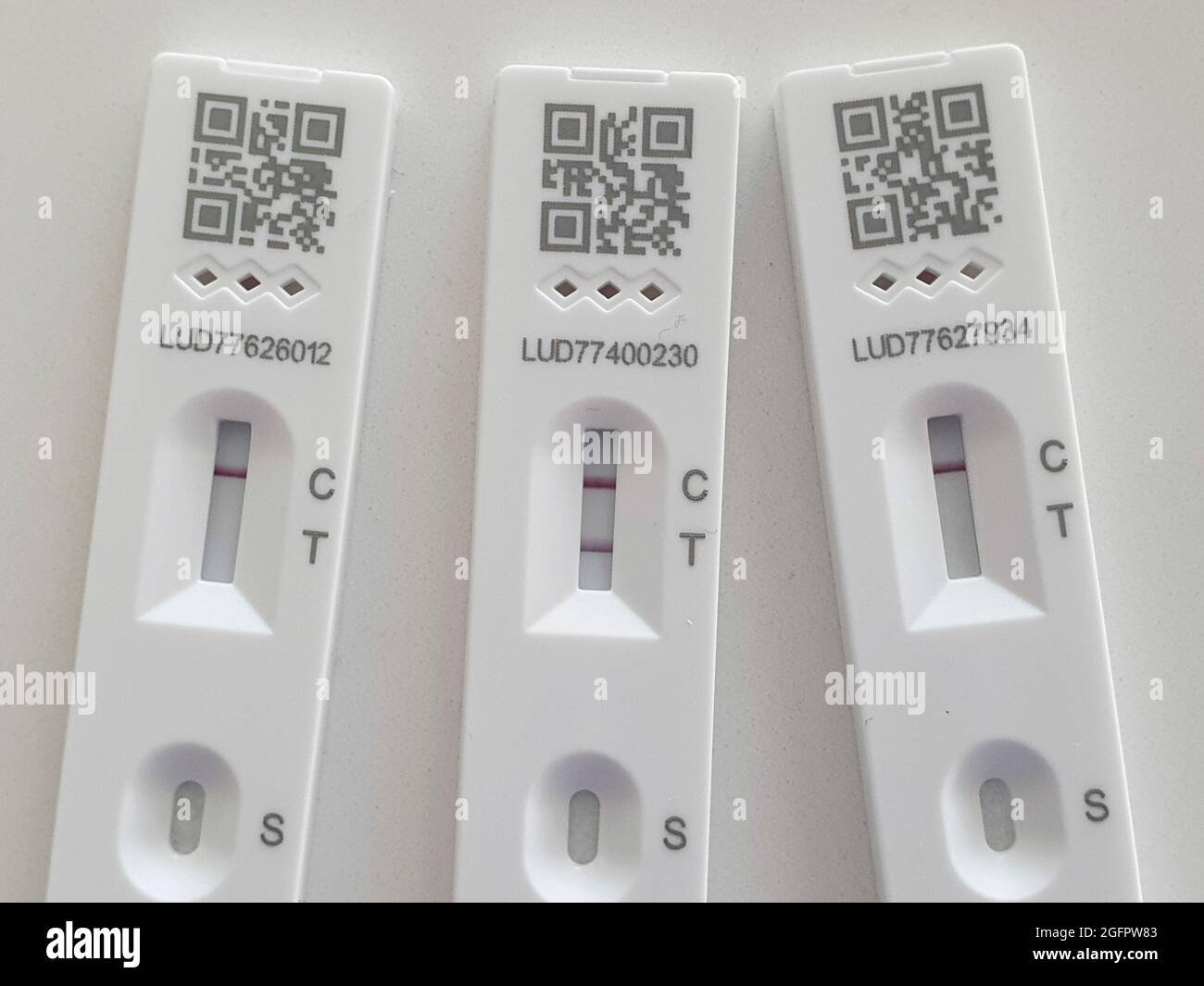 Sussex, UK, 26 agosto 2021: Un test di flusso laterale positivo mostra una doppia linea distinta che conferma la presenza del coronavirus sul campione di tampone. Due prove di flusso laterale negativo mostrano solo una linea singola a C per il controllo. Con oltre 38,000 nuovi test positivi registrati nelle 24 ore precedenti, i casi di Covid-19 sono di nuovo in aumento. Anna Watson/Alamy Live News Foto Stock