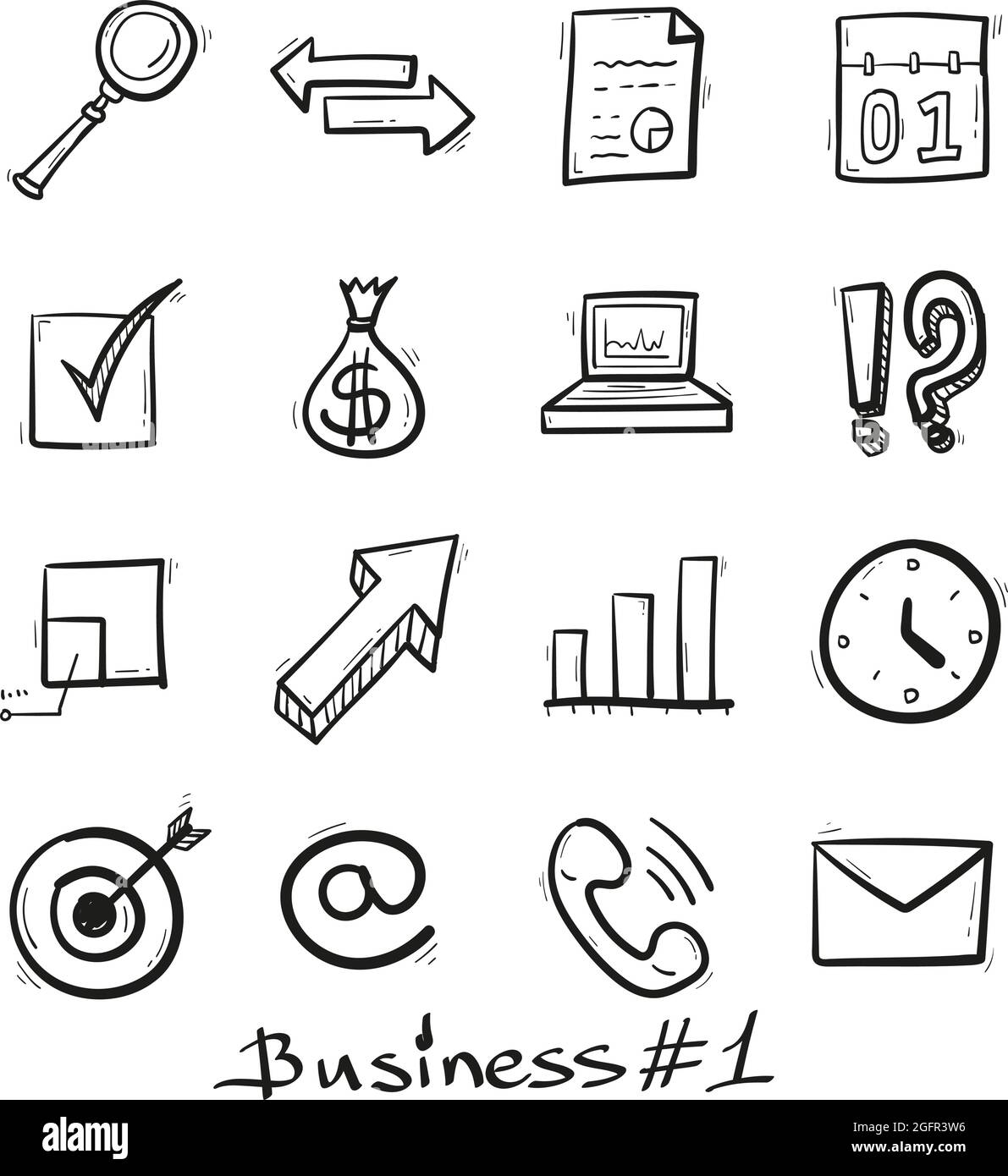 Business Set icone disegnate a mano in stile doodle isolato. Illustrazione Vettoriale