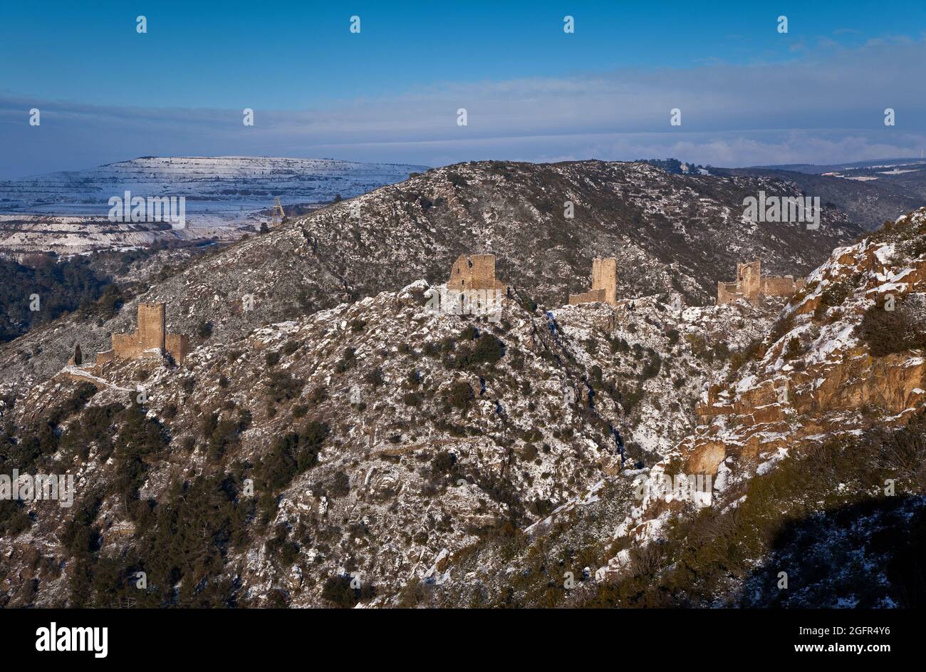 Francia. Aude (11) Lastours castello cataro sotto la neve Foto Stock