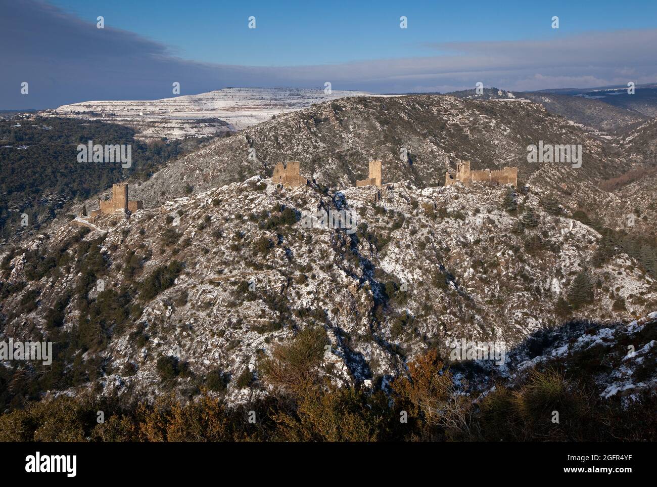 Francia. Aude (11) Lastours castello cataro sotto la neve Foto Stock
