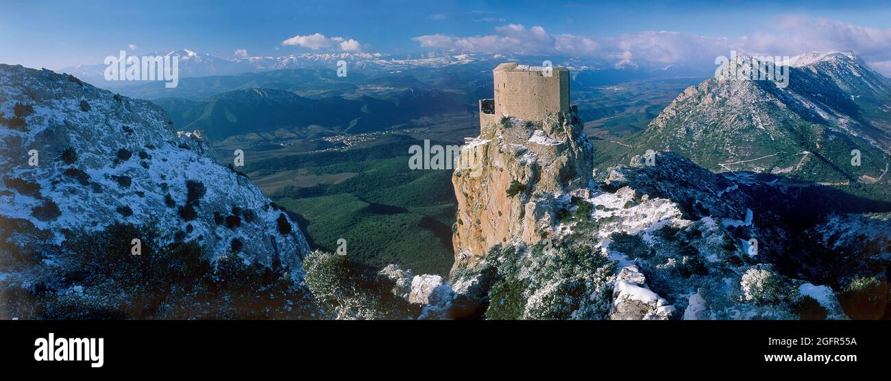 Francia. Aude (11) il castello cataro di Quéribus sotto la neve Foto Stock