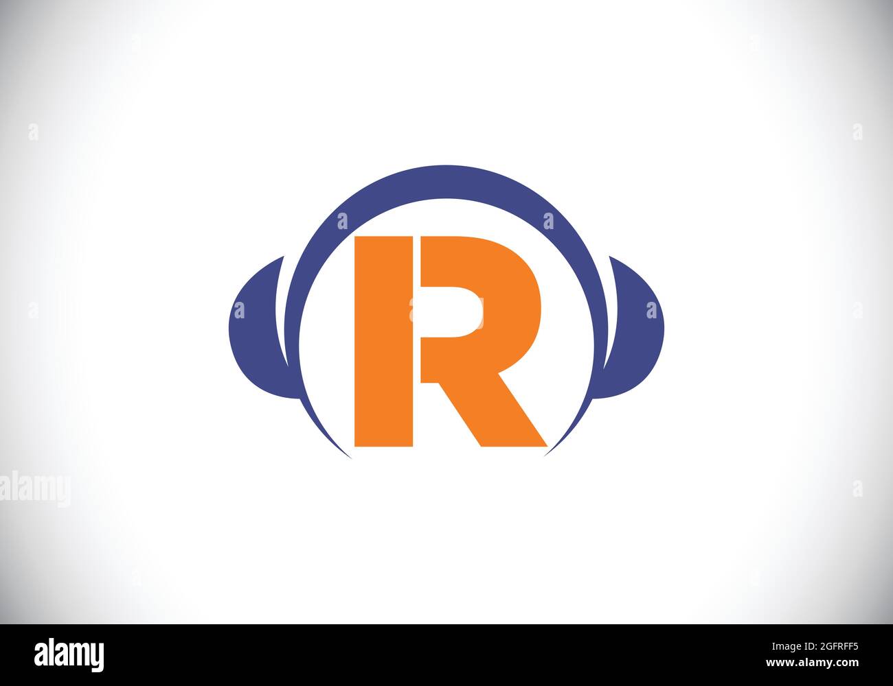 Alfabeto R monogramma iniziale con cuffia. Logo cuffie. Simbolo di musica. Emblema del carattere. Elemento di design per poster, banner, t-shirt Illustrazione Vettoriale
