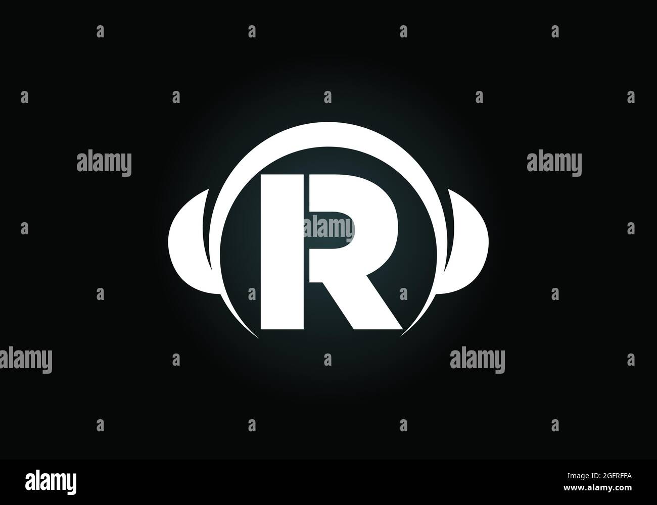 Alfabeto R monogramma iniziale con cuffia. Logo cuffie. Simbolo di musica. Emblema del carattere. Elemento di design per poster, banner, t-shirt Illustrazione Vettoriale