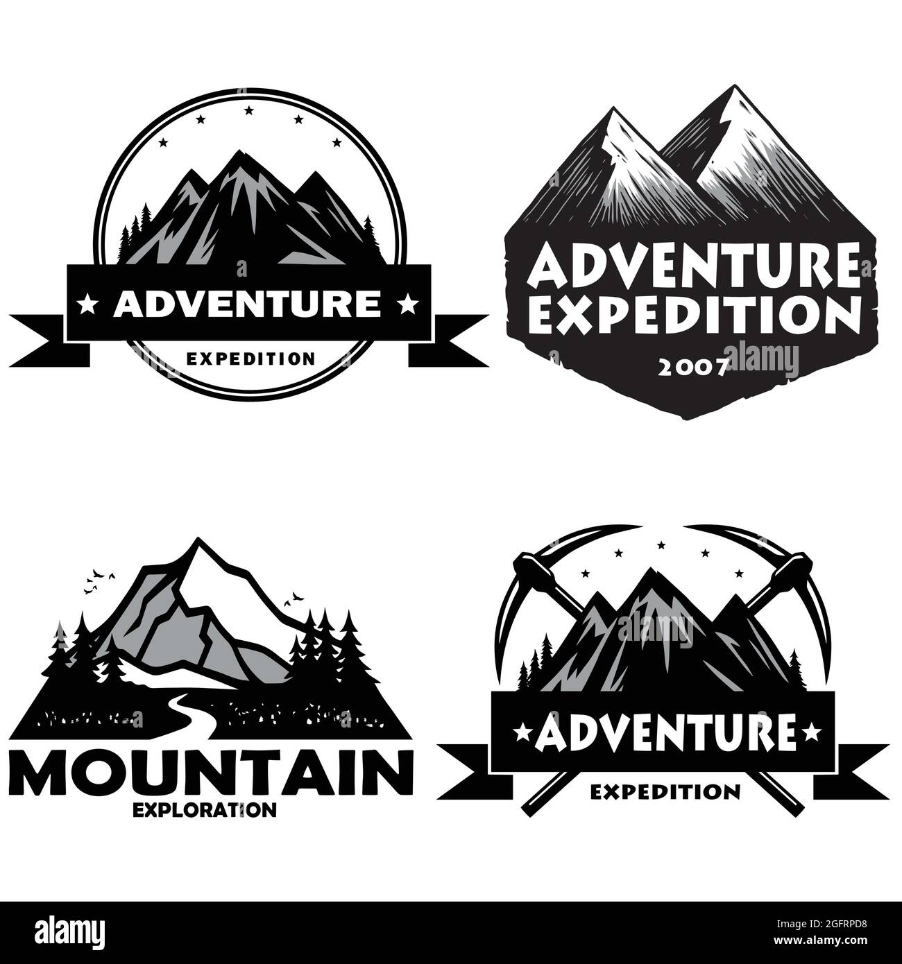 Set di loghi da campeggio, modelli, elementi di design vettoriale, Outdoor Adventure Mountains e Forest Expeditions. Confezione di emblemi e badge vintage Illustrazione Vettoriale