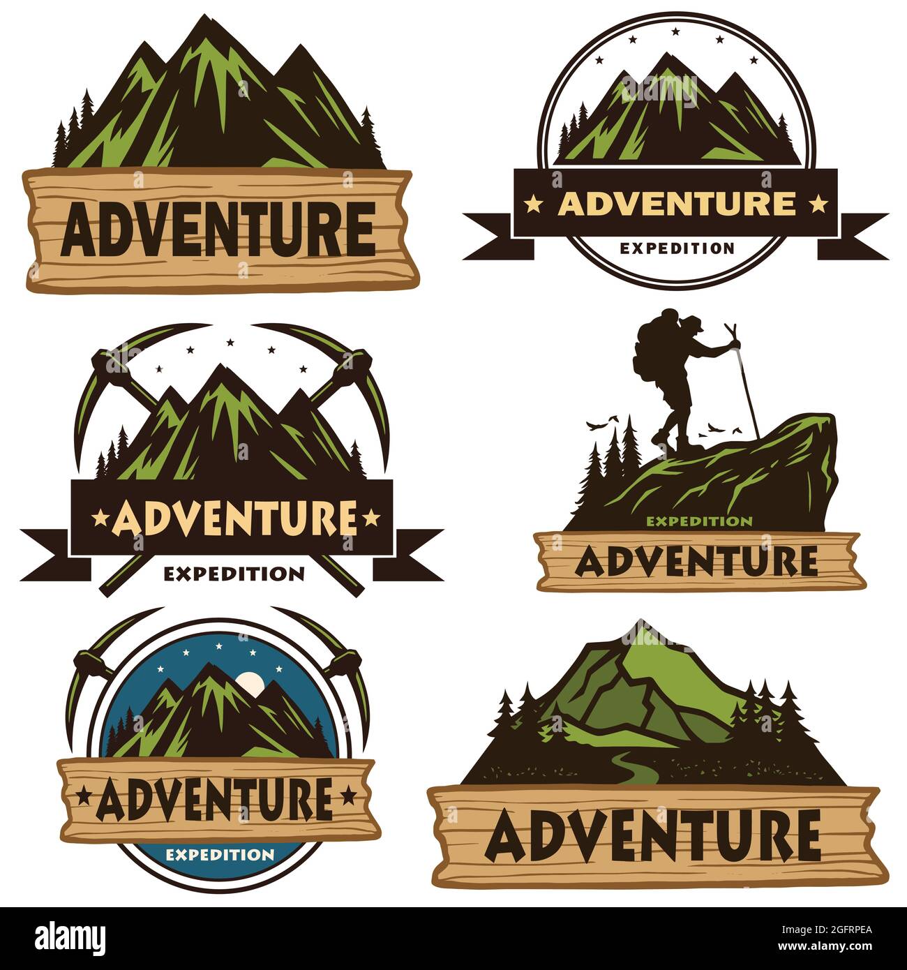 Set di loghi da campeggio, modelli, elementi di design vettoriale, Outdoor Adventure Mountains e Forest Expeditions. Emblemi vintage e distintivi retro illustra Illustrazione Vettoriale