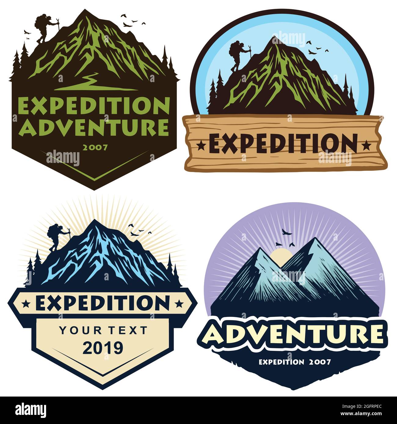 Set di loghi da campeggio, modelli, elementi di design vettoriale, Outdoor Adventure Mountains e Forest Expeditions. Collezione di emblemi e distintivi vintage Illustrazione Vettoriale