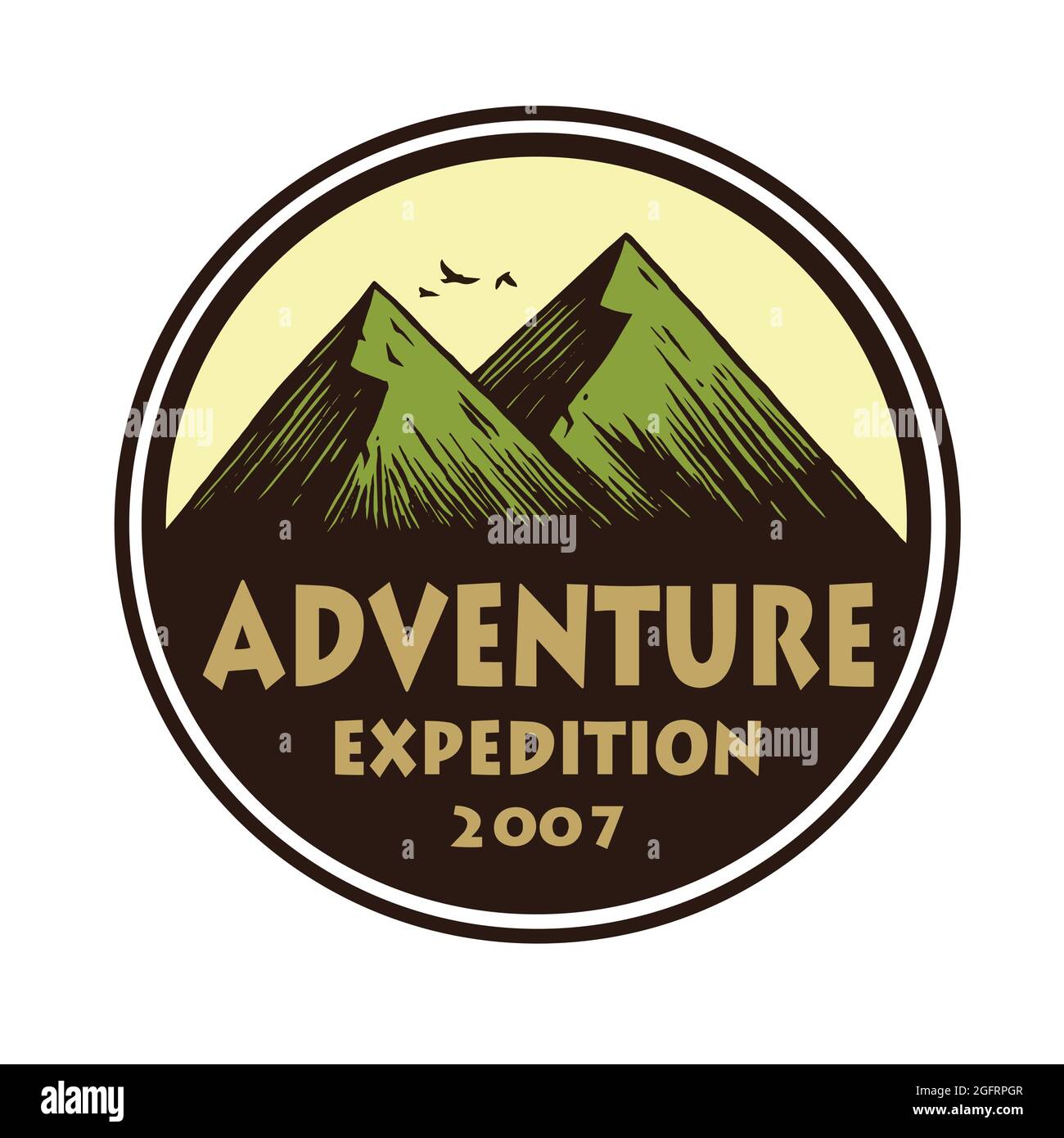 Logo per Camping Mountain Adventure, emblemi e distintivi. Modello di disegno di illustrazione del cerchio di vettore Camp in Forest Illustrazione Vettoriale