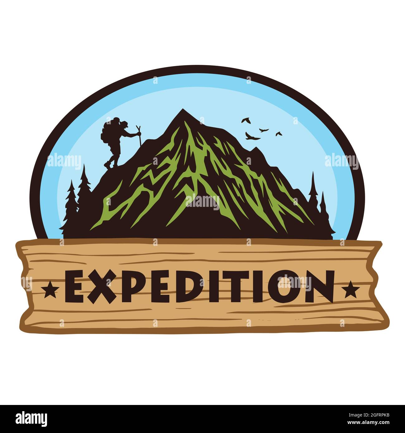 Logo per Camping Mountain Escursionismo Avventura, emblemi, e distintivi. Modello di elementi di progettazione Camp in Forest Vector Illustration Illustrazione Vettoriale