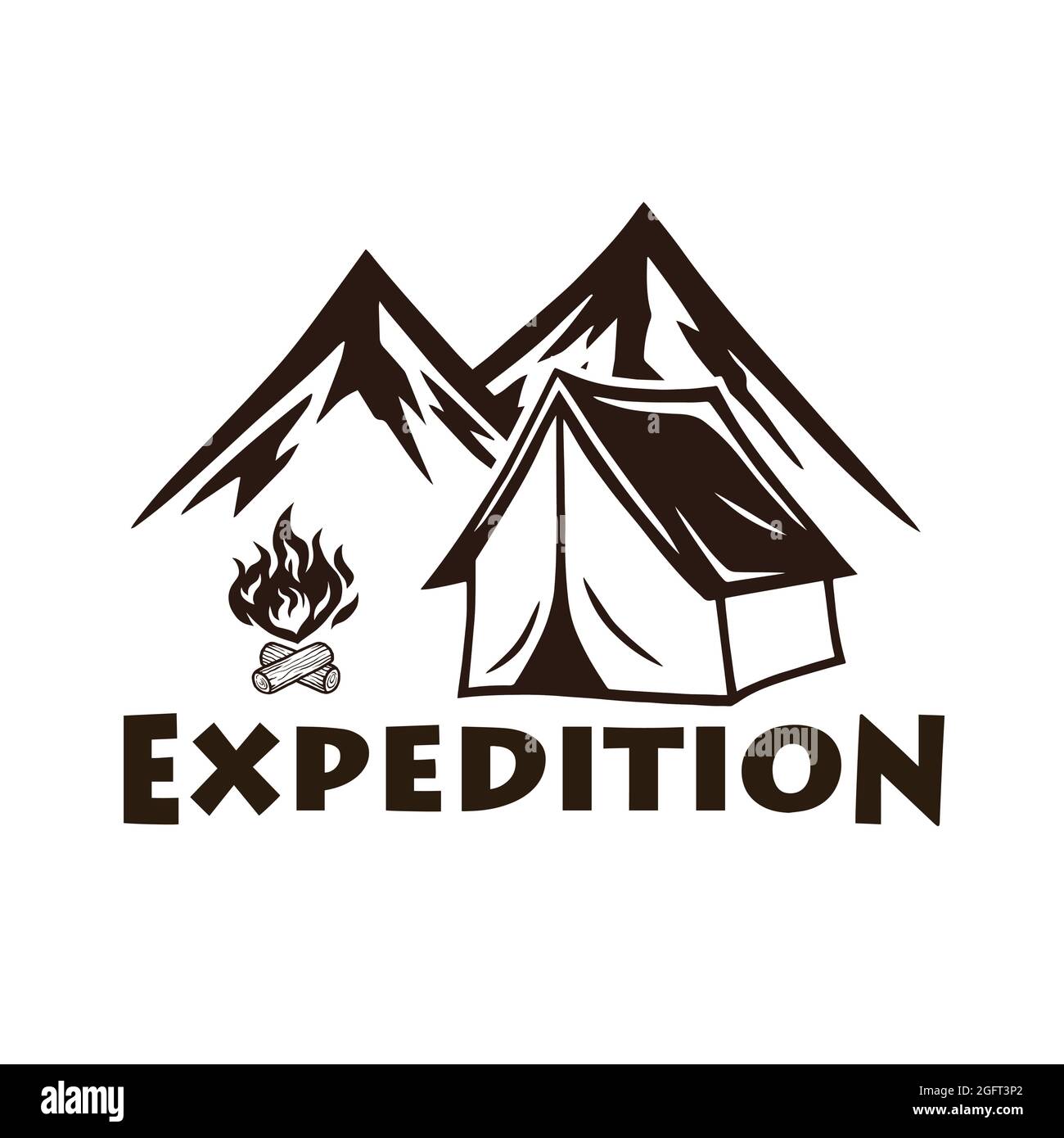 Mountain Camping, Campfire, Vector Logo e Set etichette. Illustrazione per lo sport e il tempo libero Illustrazione Vettoriale