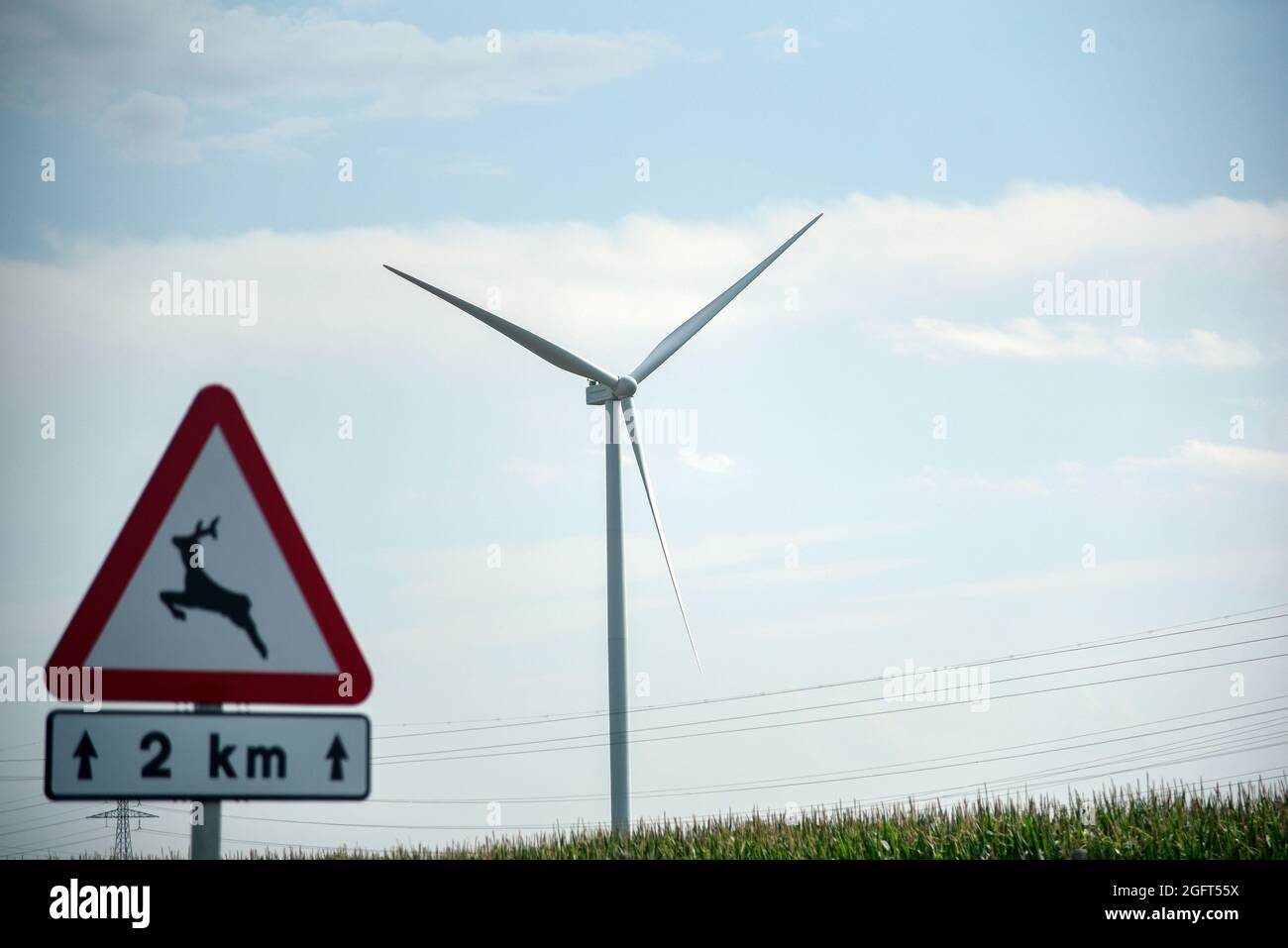 Vista di una turbina eolica presso l'impianto di energia eolica Raposeras di Pradejón. L'impianto di energia eolica Raposeras della società EAER (Energias Alternativas Eolicas Riojanas) Nella città di Pradejon dispone di 26 turbine eoliche con una potenza unitaria di 1,500 kW e un diametro della pala di 70.5 metri e si sviluppano con una potenza installata di 39 MW. Credit: SOPA Images Limited/Alamy Live News Foto Stock