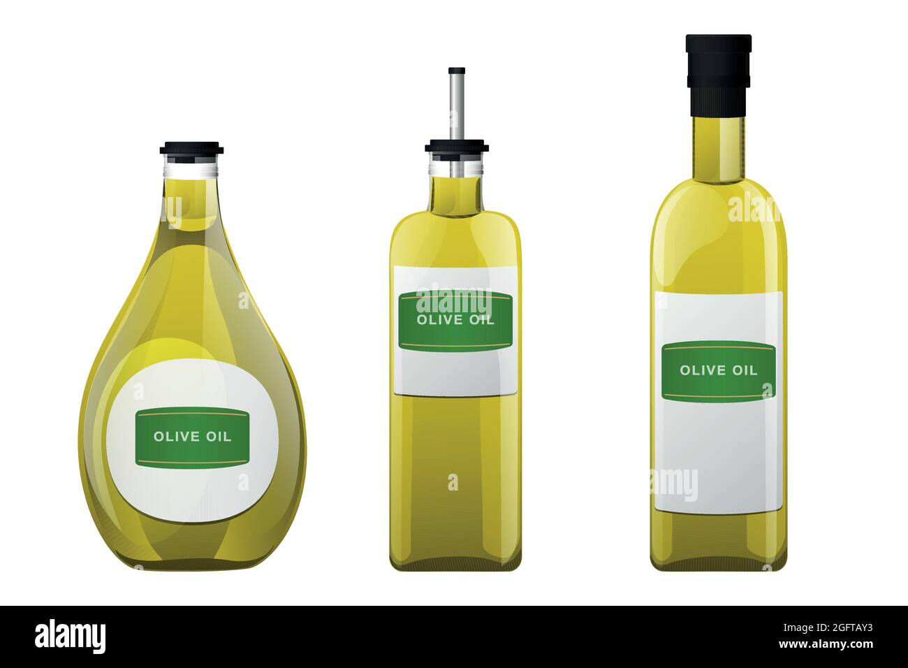 Bottiglia in vetro con olio d'oliva in stile cartone animato. Illustrazione Vettoriale