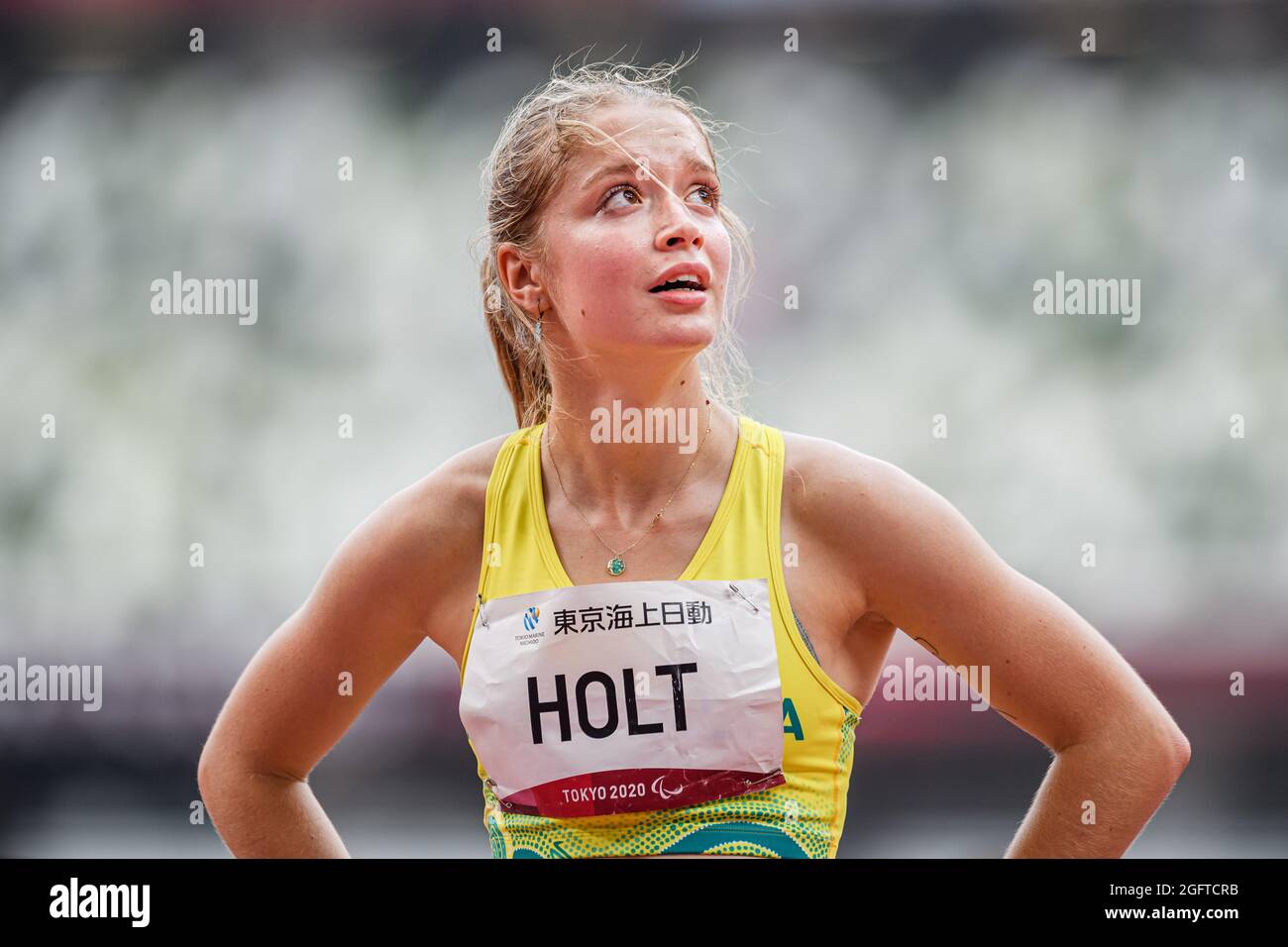 TOKYO, GIAPPONE. 27 ago 2021. Isis Holt (ASU) ha vinto l'argento per i 100m - T35 delle donne durante le partite di paralimpiadi e di atletica dello Stadio Olimpico di Tokyo 2020 venerdì 27 agosto 2021 a TOKYO, GIAPPONE. Credit: Taka G Wu/Alamy Live News Foto Stock