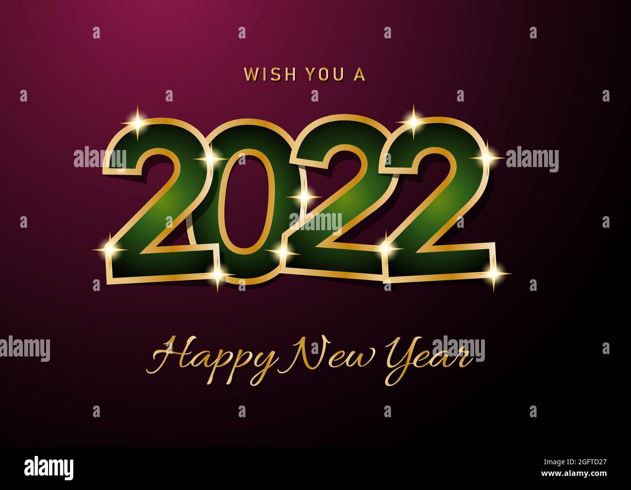 2022 biglietto per la celebrazione dell'anno felice per auguri natalizi o volantini stagionali. Testo vettoriale dorato su sfondo viola Illustrazione Vettoriale