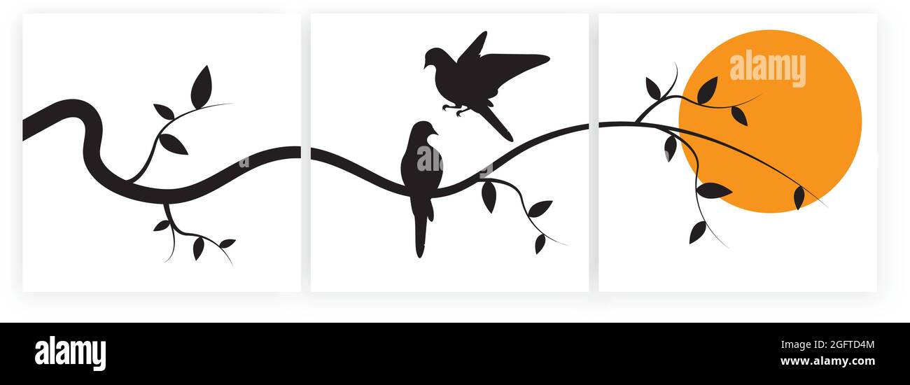 Uccelli sul ramo al tramonto, vettore. Design minimalista in tre pezzi. Le silhouette degli uccelli sono illustrate su un albero isolato su sfondo bianco. L Illustrazione Vettoriale