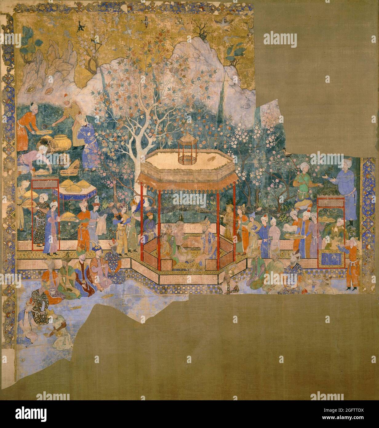 India: 'Humayun's Garden Party / i principi della Casa di Timur'. Gouache e oro su tela di cotone di Mir Sayyid 'Ali (1510-1572), c.. 1550-1555. Il primo esempio conosciuto di un dipinto Mughal, ritrae un righello seduto in un padiglione giardino e indossando un vestito dell'Asia Centrale. È affiancato da due servi e sta conversando con un visitatore. Intorno a lui ci sono cortigiani, nobili e servi. Il primo piano mancante probabilmente raffigurava i recintatori di corte. Si ritiene che la figura centrale sia Humayun (1508-56), il secondo imperatore Mughal, mentre molte delle teste sono state riverniciate per ritrarre più tardi Foto Stock