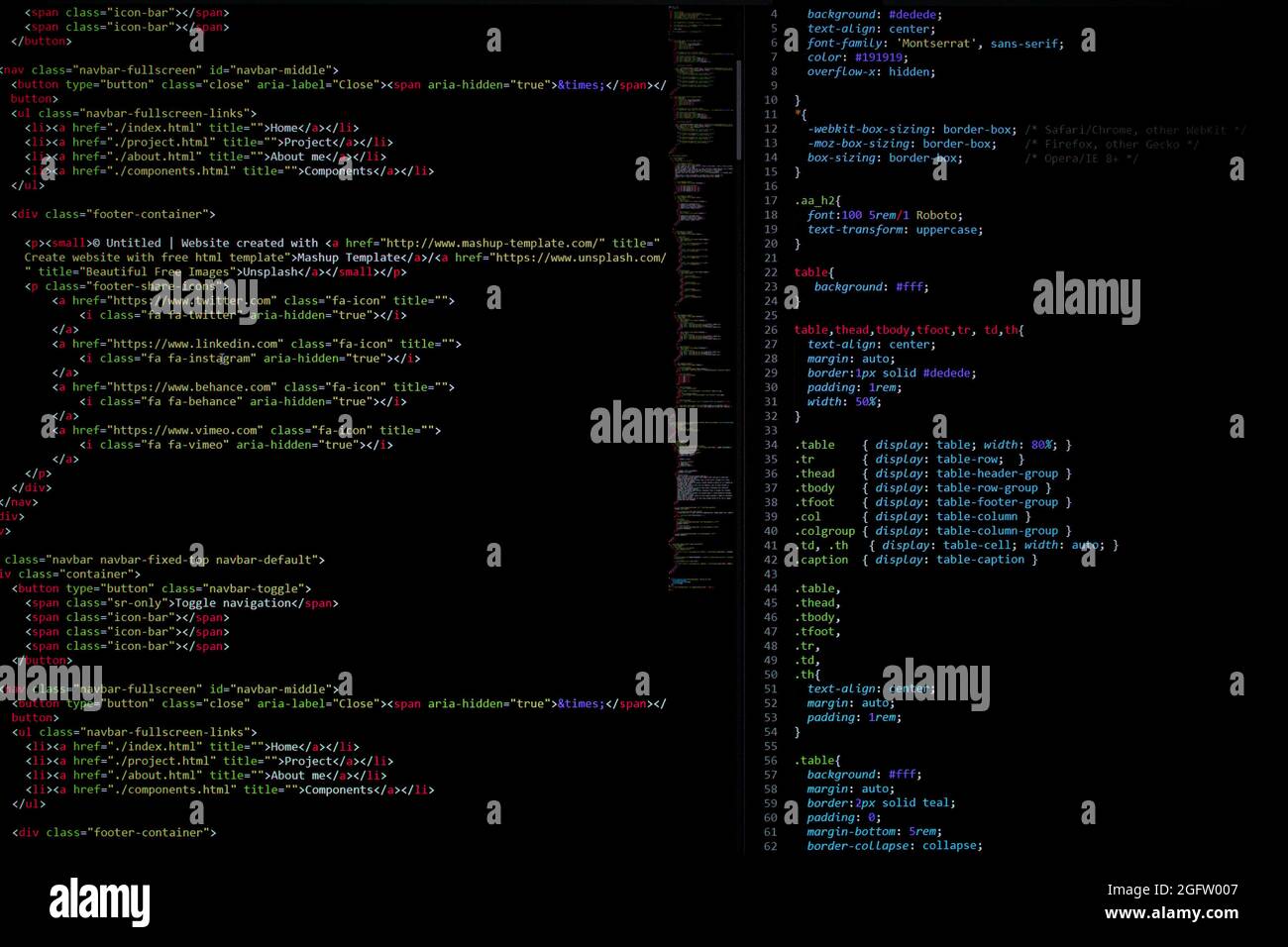sviluppatore python, java script, html, css codice sorgente sullo schermo del monitor. scrittura script dello sviluppatore software. programmazione programmi. programmazione programmatore codice di editing Foto Stock