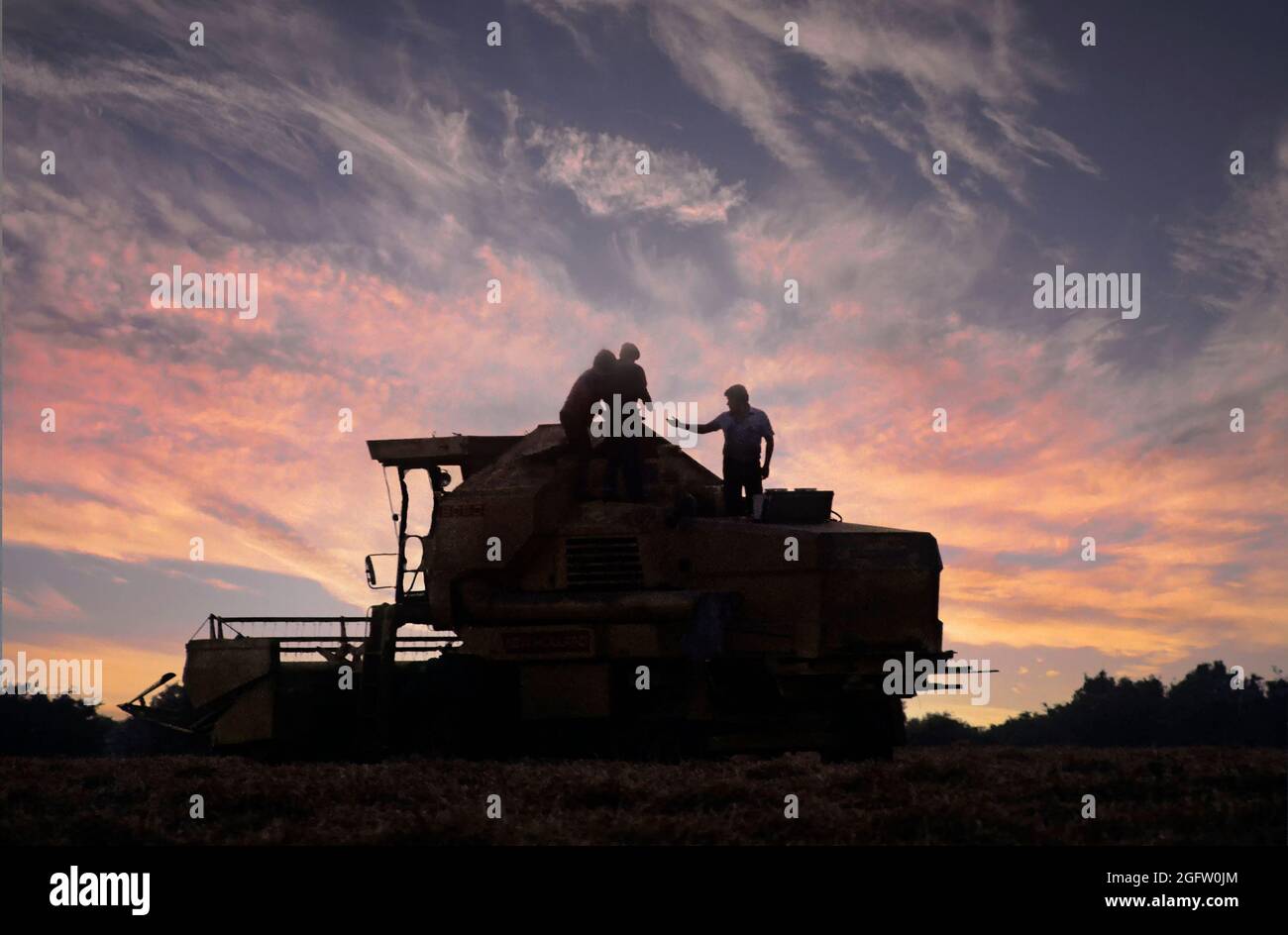 Silhouette1984 archivio vista di un agricoltore disgregato mietitrebbia bloccato in terreno agricolo campo di grano anni 80 tempo di raccolto con contadino & uomini che lavorano tardi sulla macchina per riavviare la mietitura in prima serata tramonto tramonto tramonto cielo crepuscolo in agricoltura d'archivio degli anni 80 Immagine Essex Campagna Inghilterra UK Foto Stock
