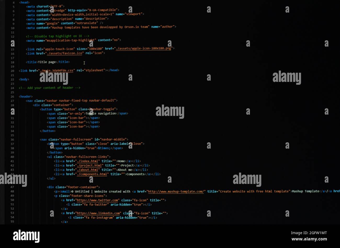 sviluppatore python, java script, html, css codice sorgente sullo schermo del monitor. scrittura script dello sviluppatore software. programmazione programmi. programmazione programmatore codice di editing Foto Stock