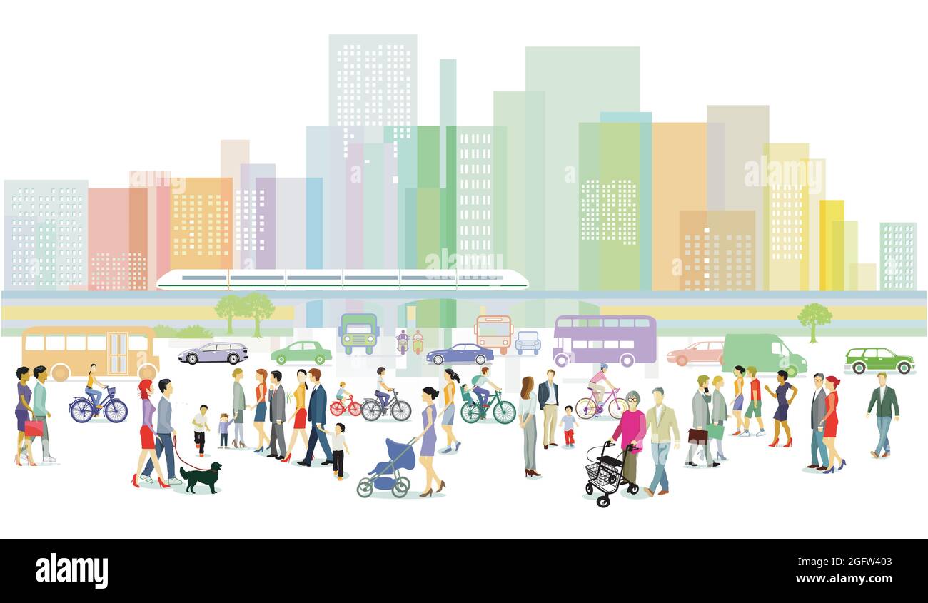 Città con gruppi di persone e illustrazione del traffico Illustrazione Vettoriale