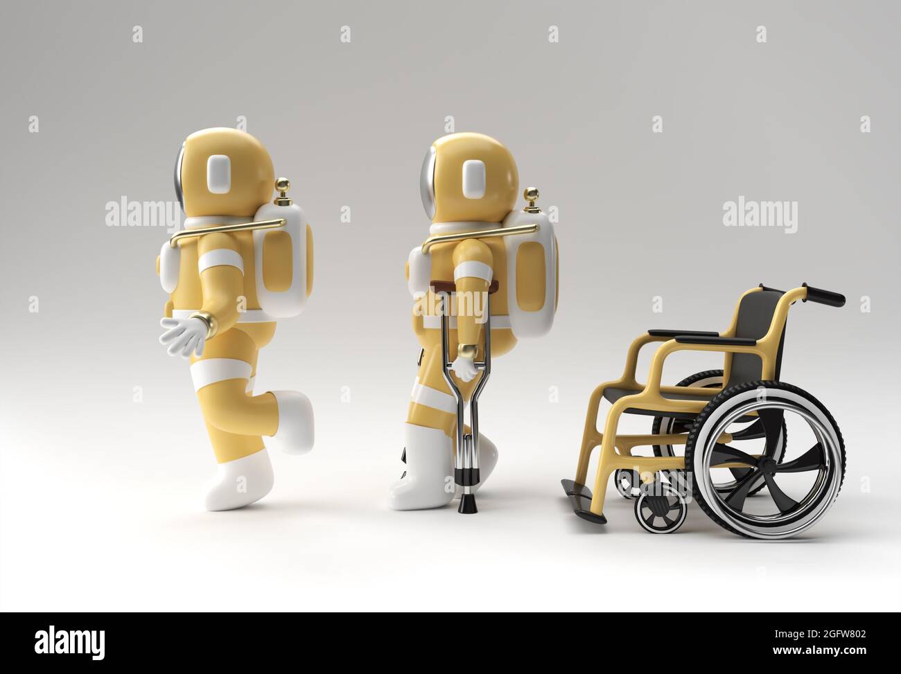 3D Render Astronauta Disabilitato utilizzando stampelle per camminare con Weelchair 3D Illustration Design. Foto Stock