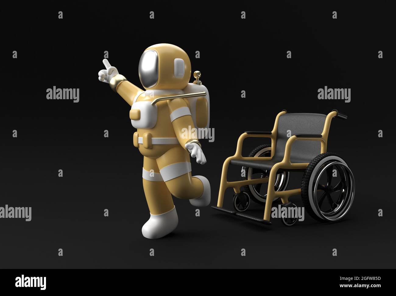 3D Render Astronauta Disabilitato utilizzando stampelle per camminare con Weelchair 3D Illustration Design. Foto Stock