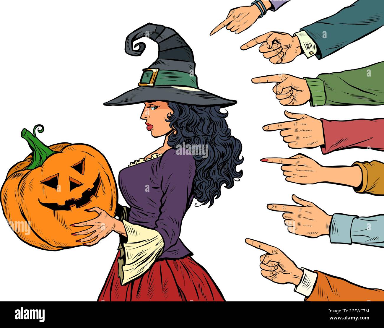 donna strega con halloween di zucca, festa stagionale, vergogna che grida il tema bullismo. Isolare su sfondo bianco Illustrazione Vettoriale