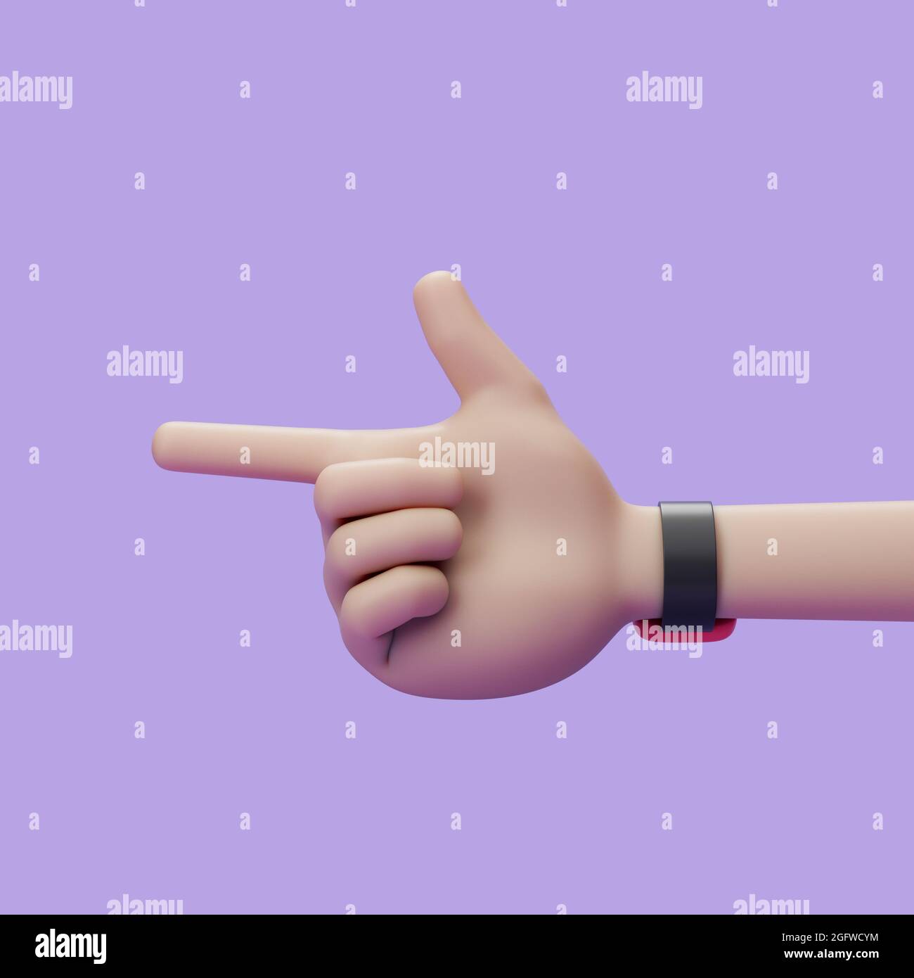 Il dito della mano del cartoon punta su sfondo viola. Semplice illustrazione del rendering 3d. Oggetto isolato Foto Stock