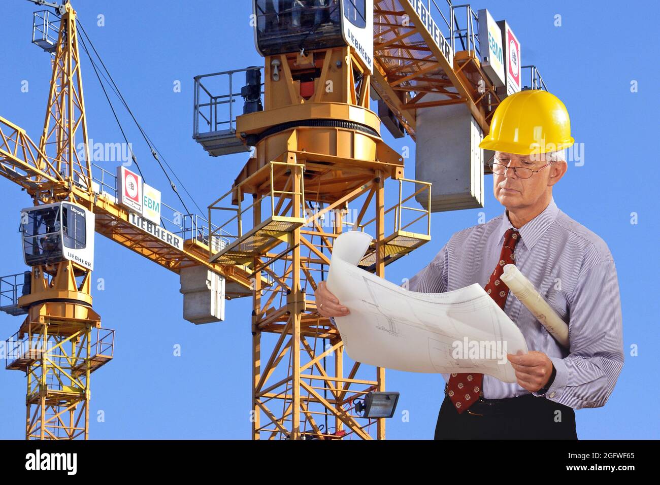 architetto con progetto di costruzione e elmetto, gru a torre sullo sfondo Foto Stock