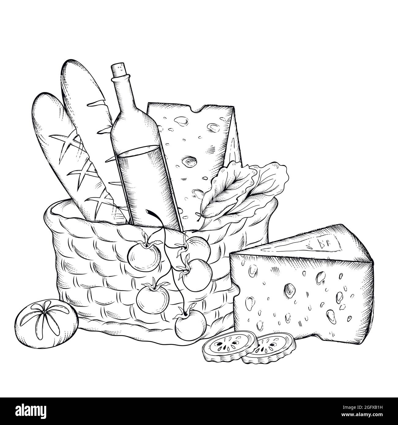Cestino da picnic disegnato a mano con vino, pane e formaggio, incisione in stile inciso immagine vettoriale isolato su bianco. Bottiglia di vino frutta e formaggio i Illustrazione Vettoriale